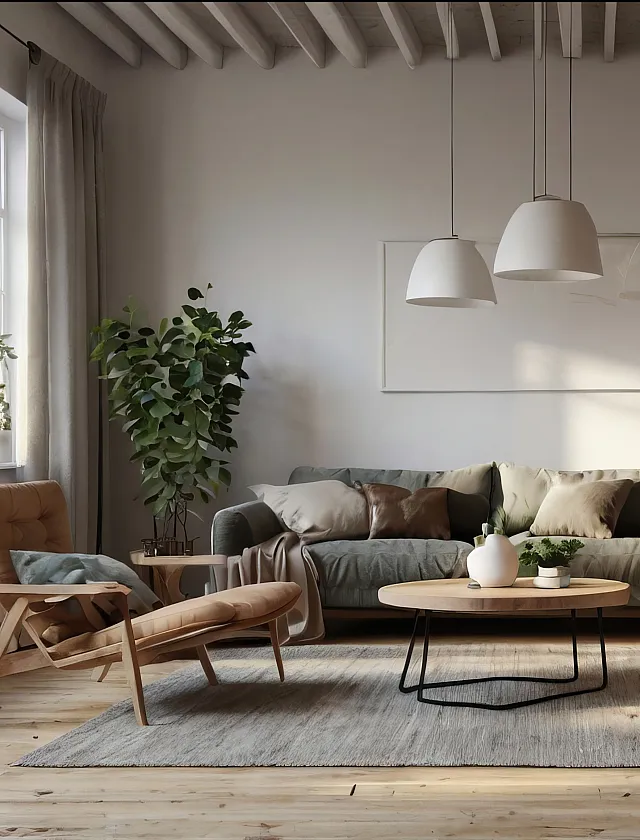 Spacious living room with modern decor featuring a cozy gray sofa, elegant wooden chair, chic pendant lighting, and lush green plants.