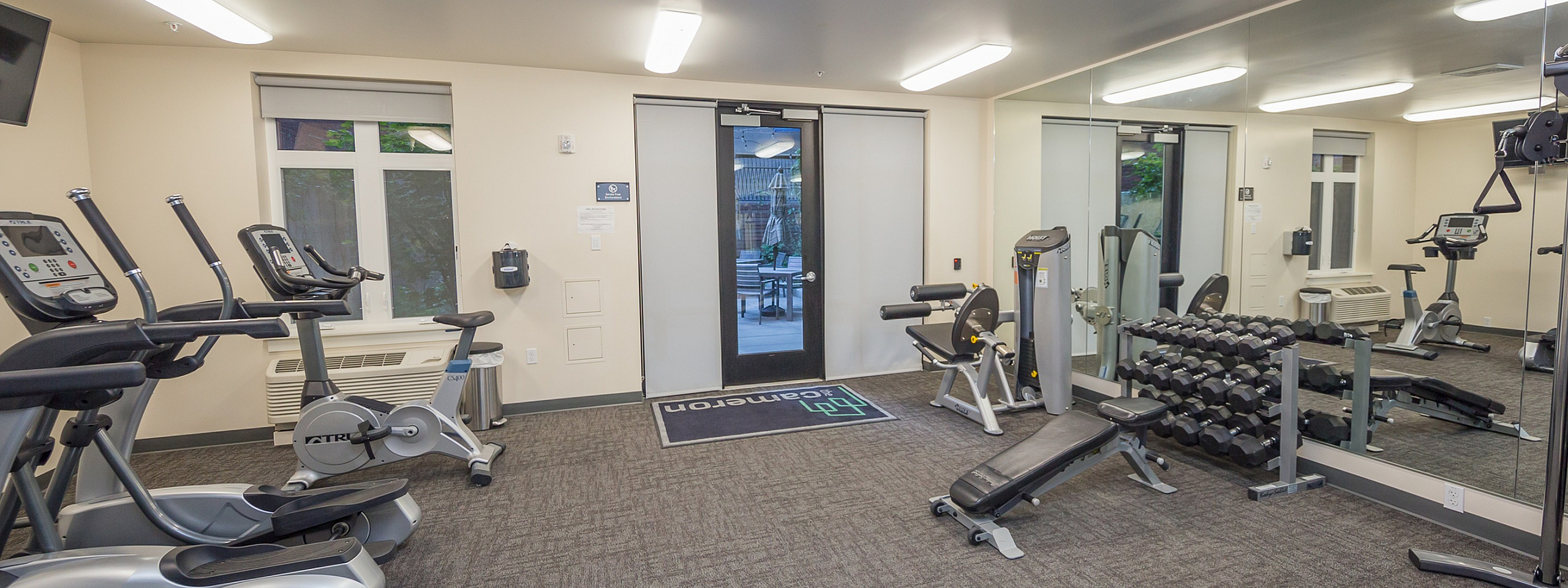 Modern fitness center with state-of-the-art cardio machines, free weights, and floor-to-ceiling mirrors in a bright, spacious setting.