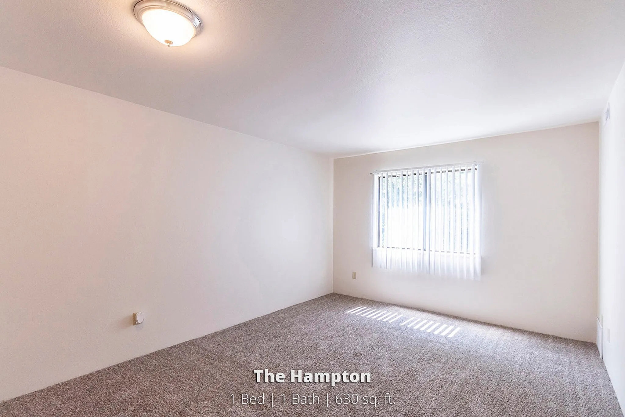 Bright and inviting bedroom in The Hampton apartment with plush carpeting and natural light, offering 1 bed, 1 bath, 630 sq. ft.
