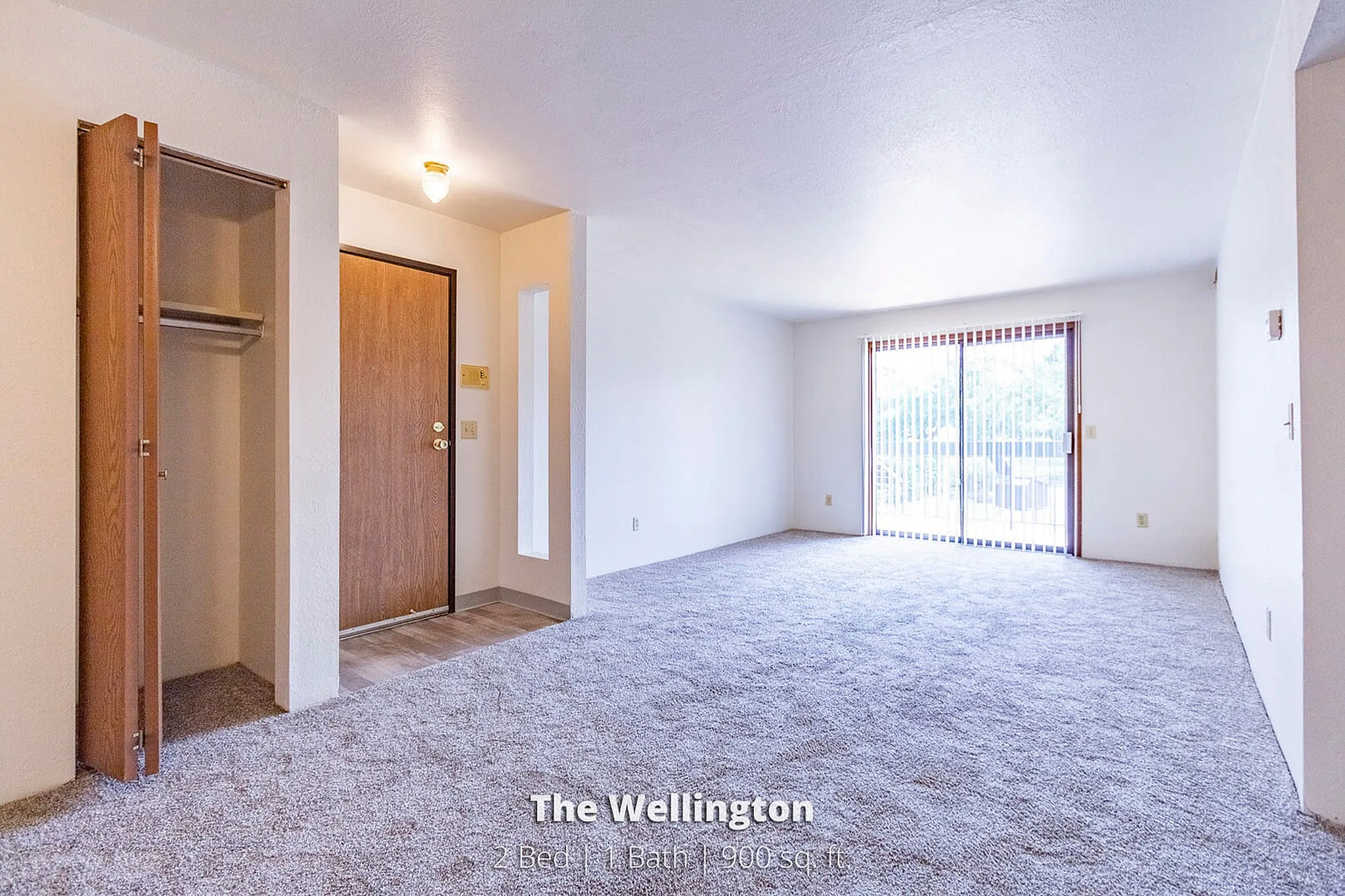 Inviting open-concept living space in The Wellington apartment featuring natural light, plush carpet, and a stylish entrance for a welcoming ambiance.