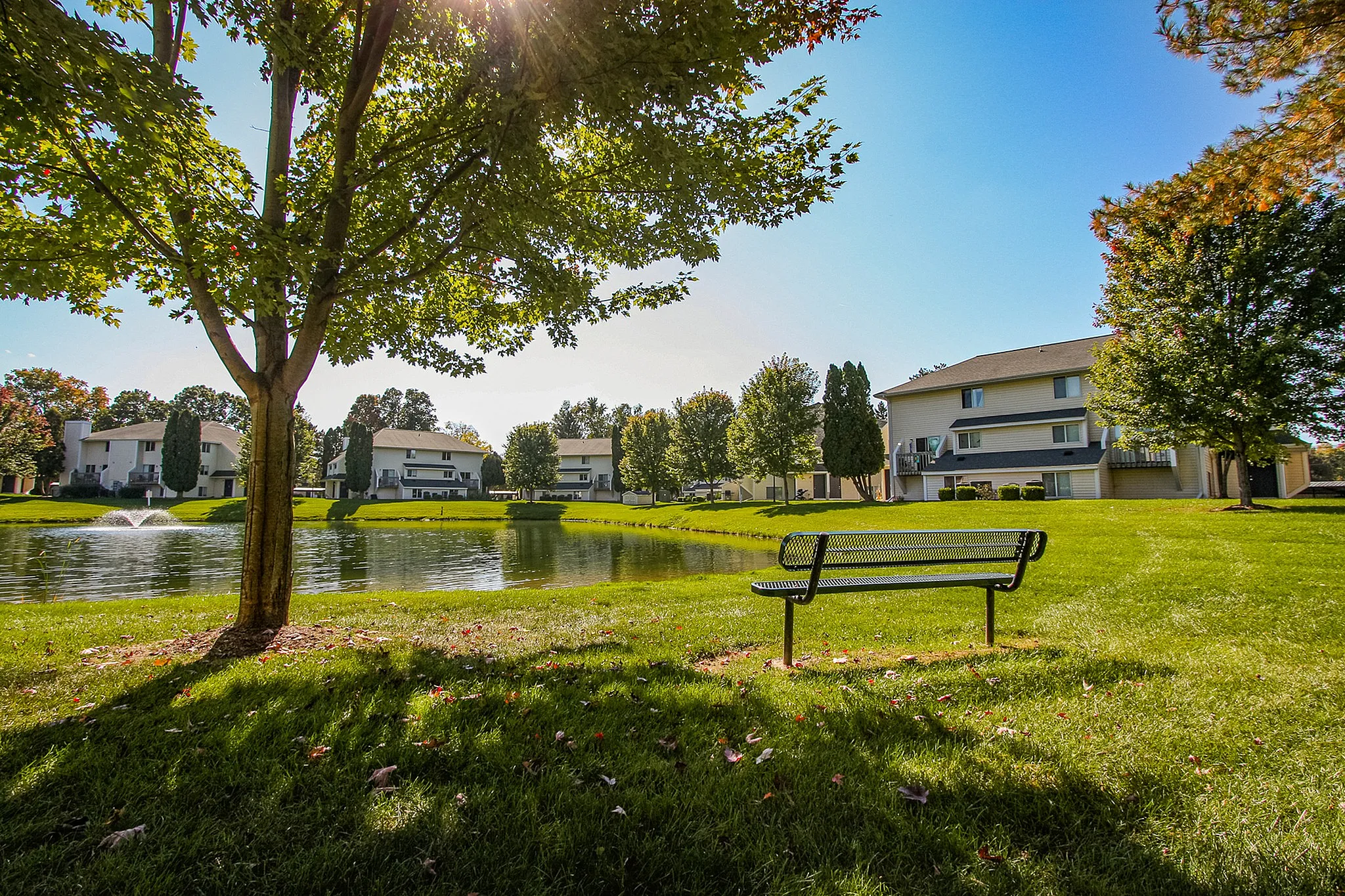 Serene residential community view featuring modern townhouses, lush greenery, tranquil pond, and inviting bench under a sunlit tree.