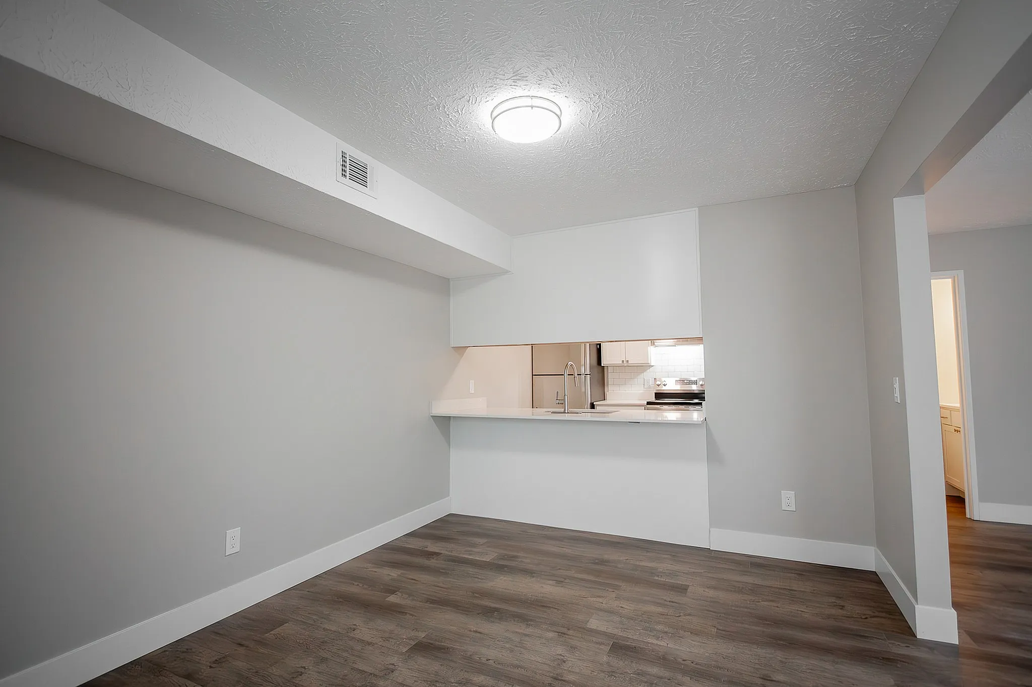 Modern apartment interior boasting a sleek open-plan layout with hardwood floors, a stylish lighting fixture, and a contemporary kitchen featuring stainless steel appliances and elegant cabinetry.