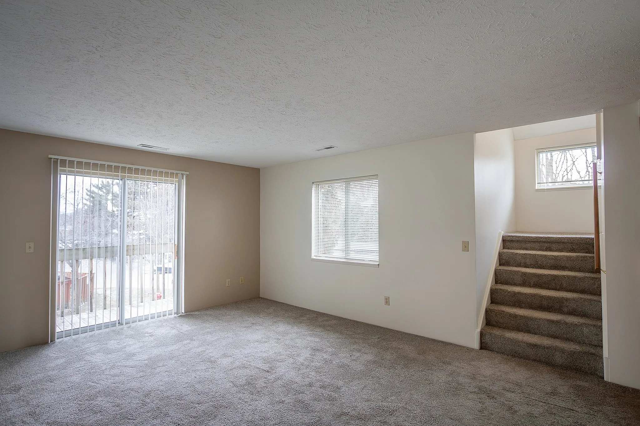 Bright and airy living room with plush carpet, large window, and sliding glass doors leading to a scenic view, offering cozy and inviting ambiance.