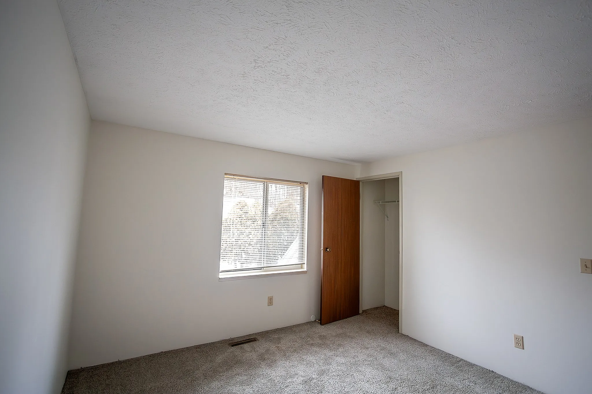 Bright and airy bedroom with a large window, plush carpet, and a convenient built-in closet.
