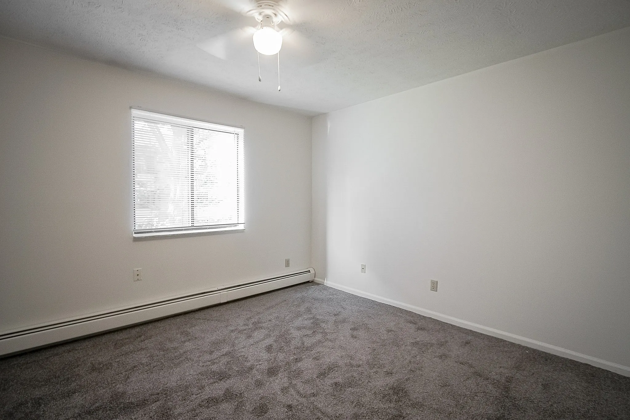Bright and airy empty room with soft carpeting, large window with blinds, and a ceiling fan, offering potential for a cozy living or bedroom space.