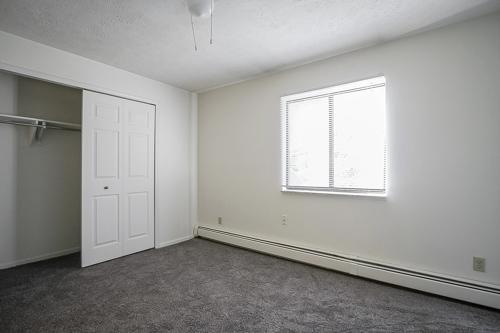 Bright and airy bedroom with plush carpeting, large window, and expansive closet space.