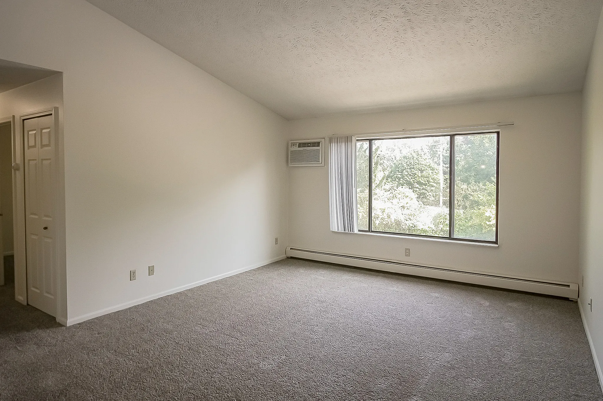 Bright and inviting living space with large window and plush carpet, perfect for relaxation.