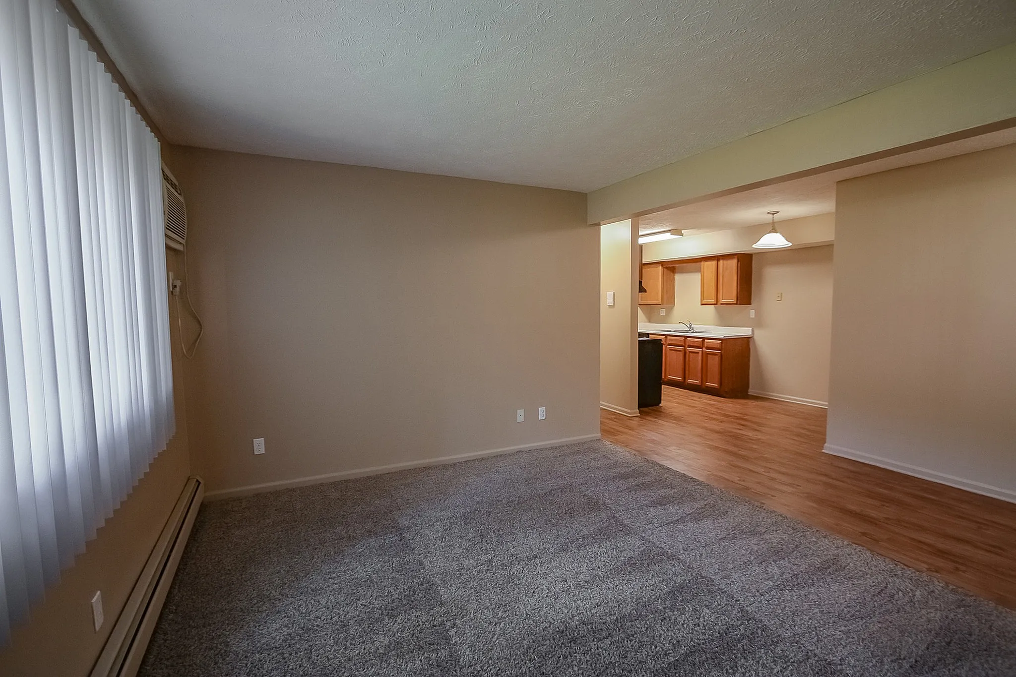 Inviting living space with plush carpeting, large windows with vertical blinds, and a seamless transition into a modern open kitchen featuring wooden cabinets and elegant lighting.