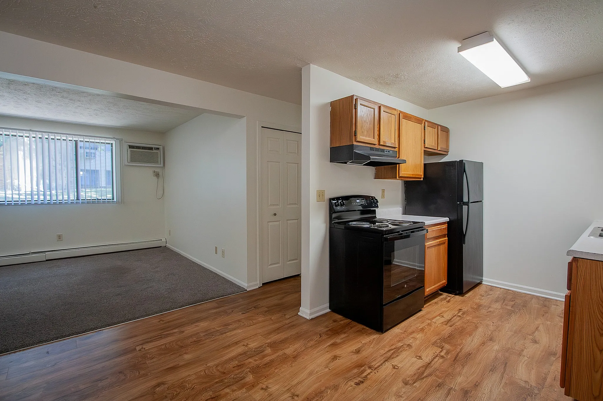 Charming open-plan layout featuring a cozy living room and modern kitchen with sleek black appliances and rich wood cabinets.