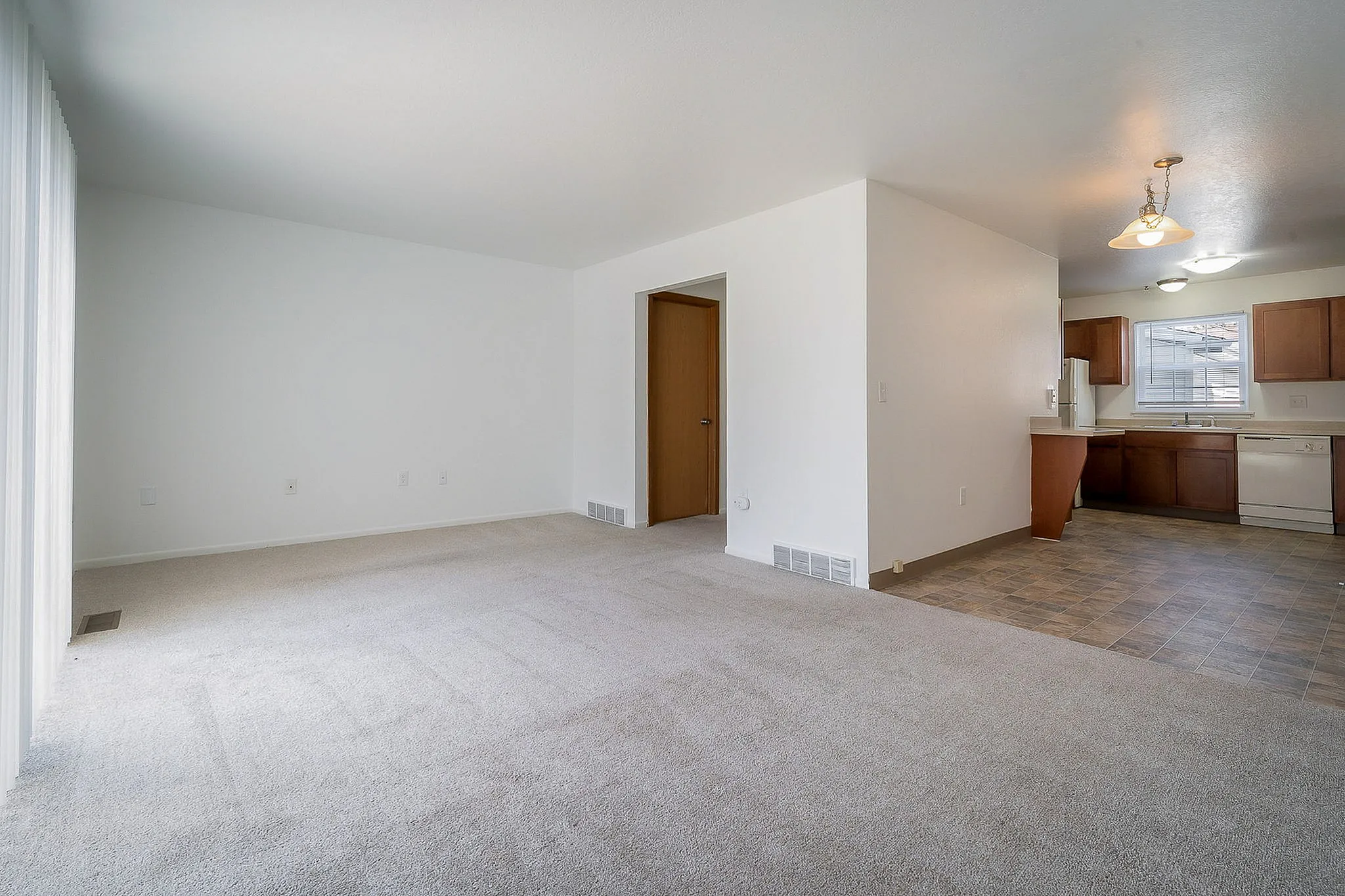 Spacious open-concept apartment with plush carpeted living area and modern kitchen featuring wooden cabinetry and large windows.