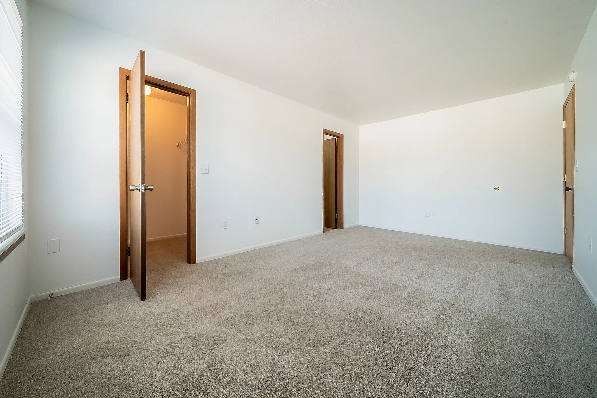 Spacious and bright interior with fresh carpeting, featuring two wooden doors leading to additional rooms, perfect for versatile living.