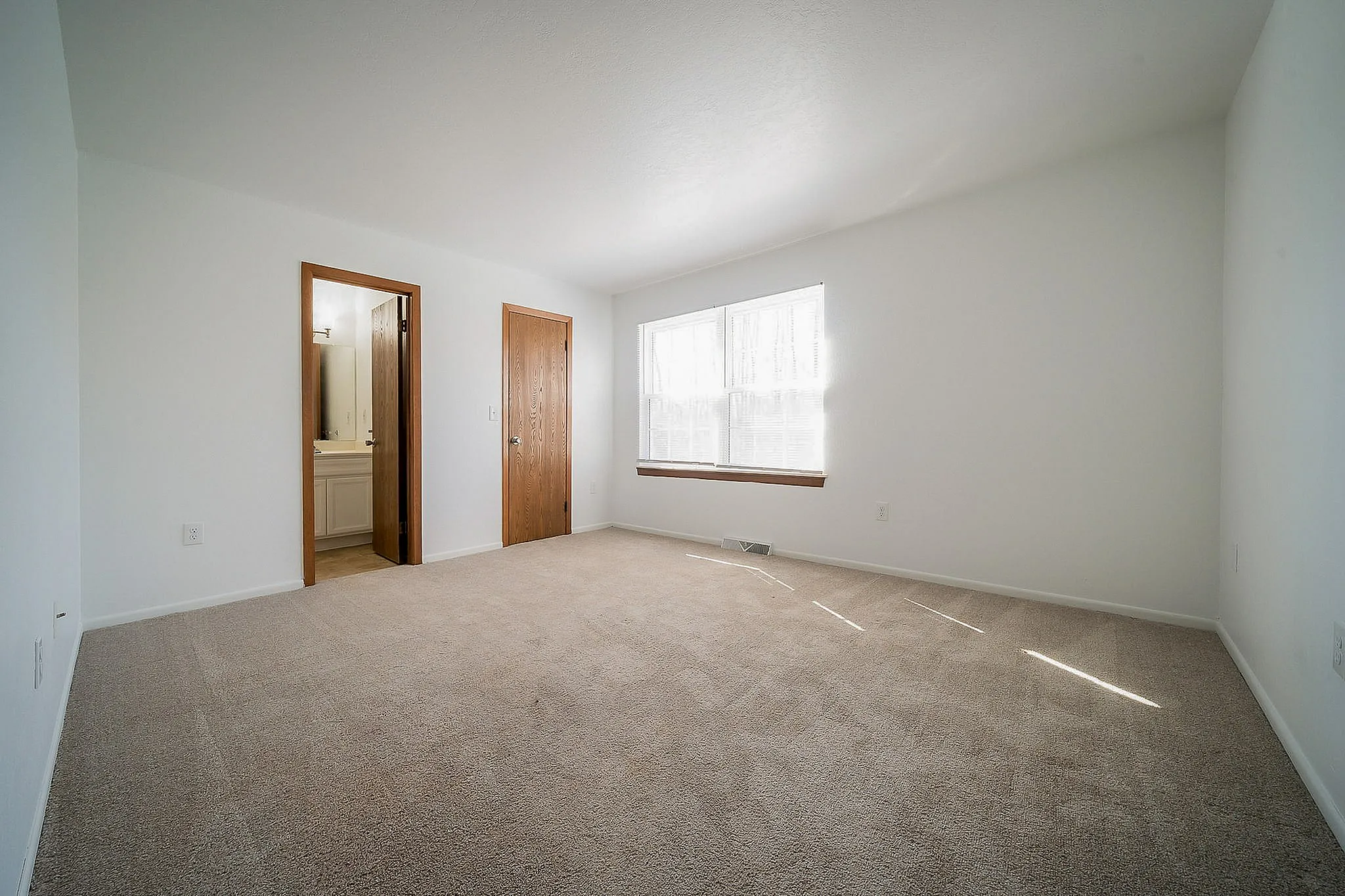 Bright and spacious room with plush carpeting, natural light streaming through a large window, and a convenient en-suite bathroom door.