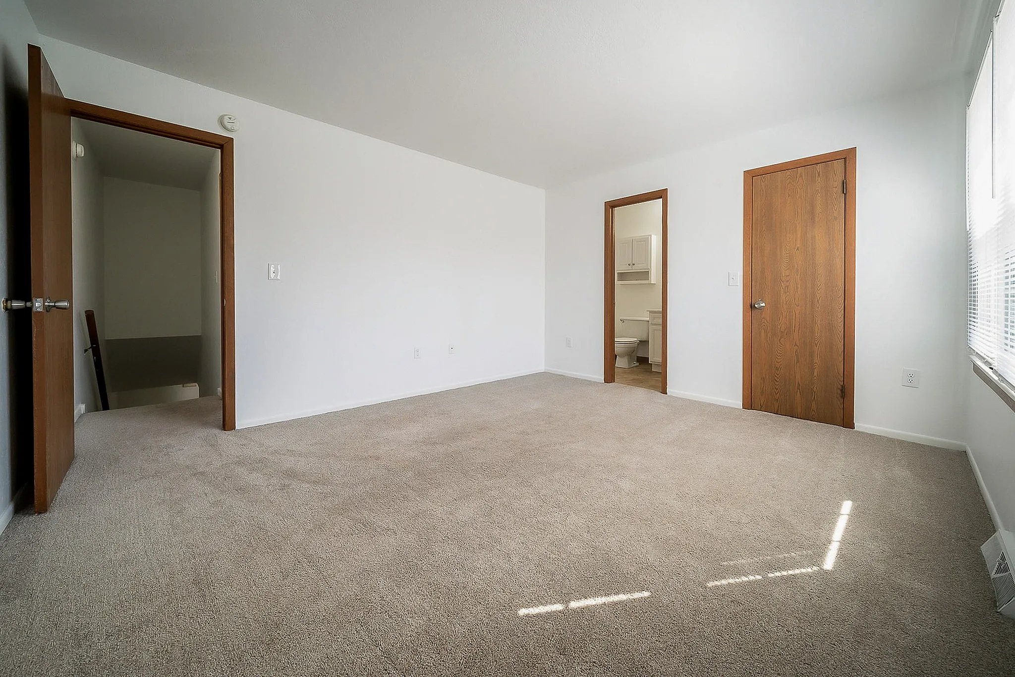 Bright and spacious bedroom with plush carpet, wooden doors, and ample natural light, perfect for a cozy retreat.
