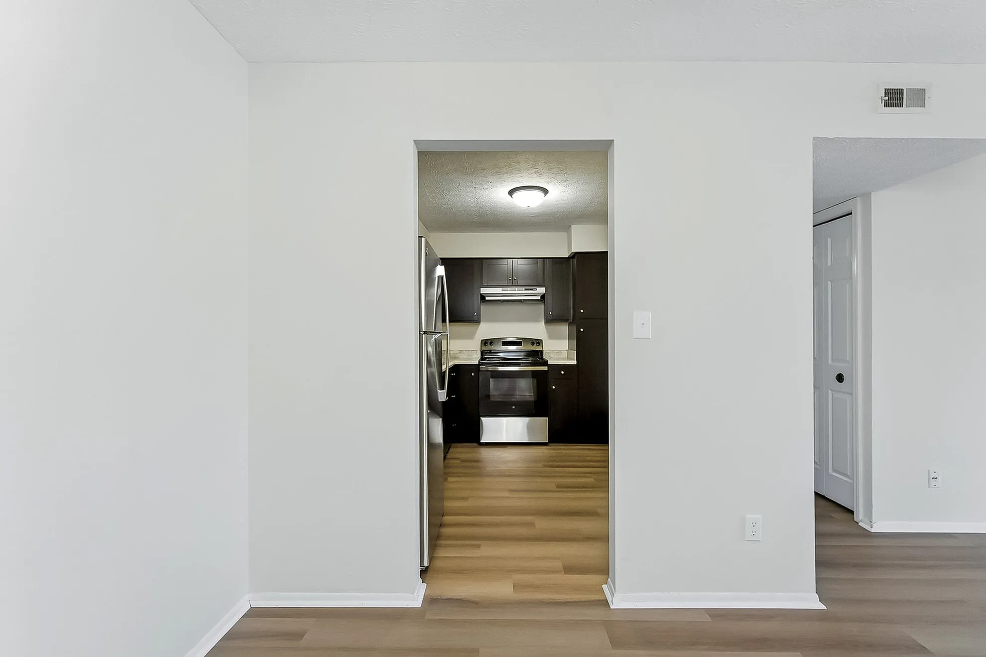 Elegant apartment kitchen with modern appliances and sleek cabinetry leading into an inviting open space.