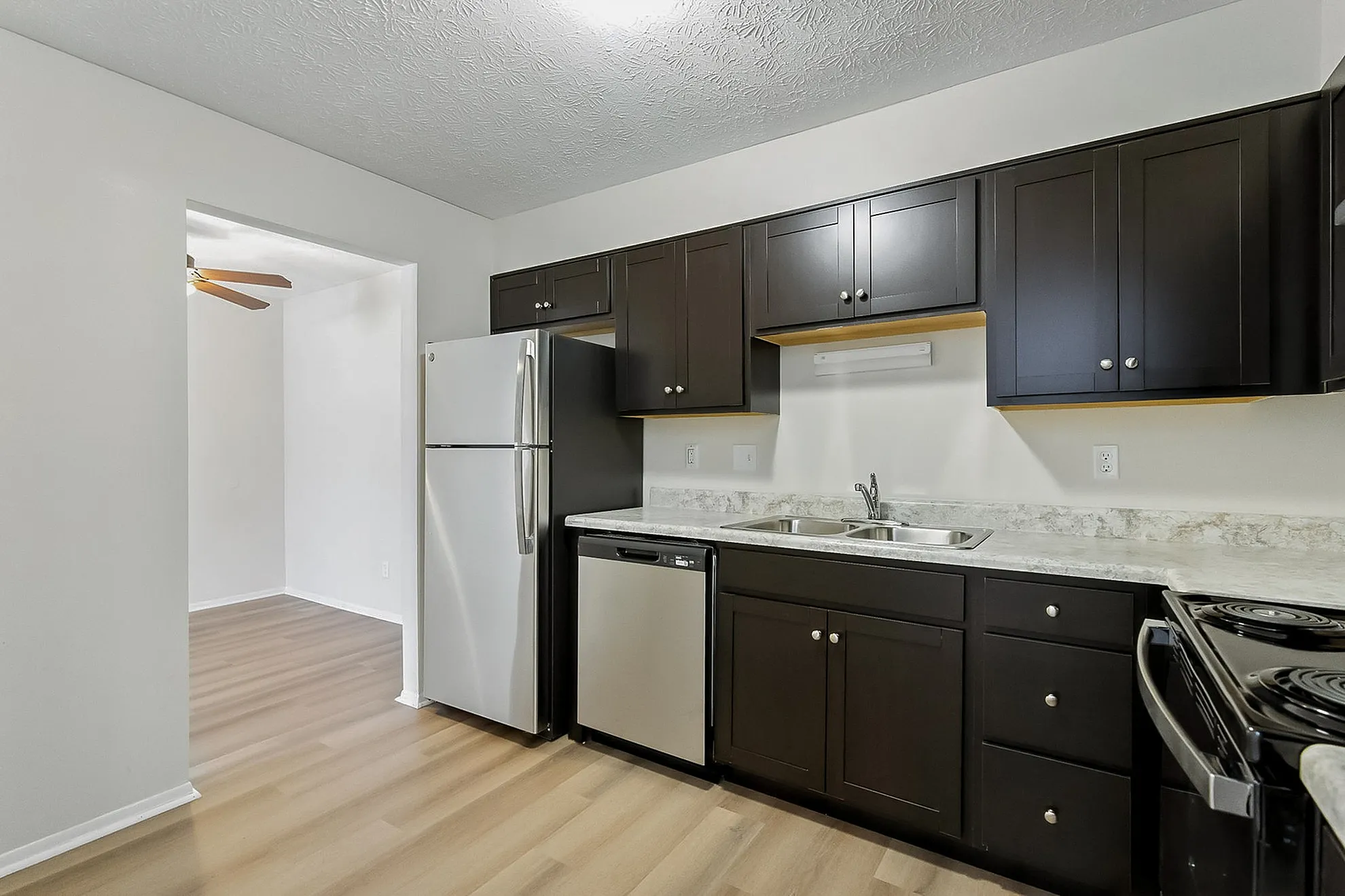 Modern kitchen with sleek dark cabinets, stainless steel appliances, and a double sink, offering a stylish culinary space.