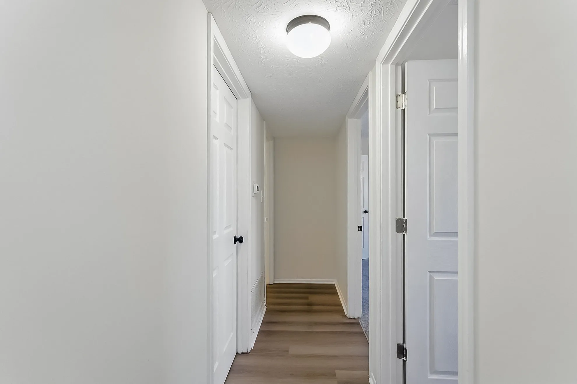 Bright and airy hallway with modern lighting, showcasing elegant wood flooring and crisp white doors.