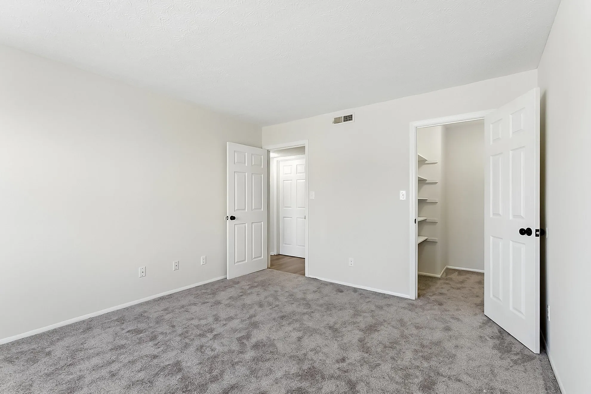 Bright and spacious room featuring plush carpet, soft neutral walls, and convenient closet space, perfect for a cozy bedroom setting.