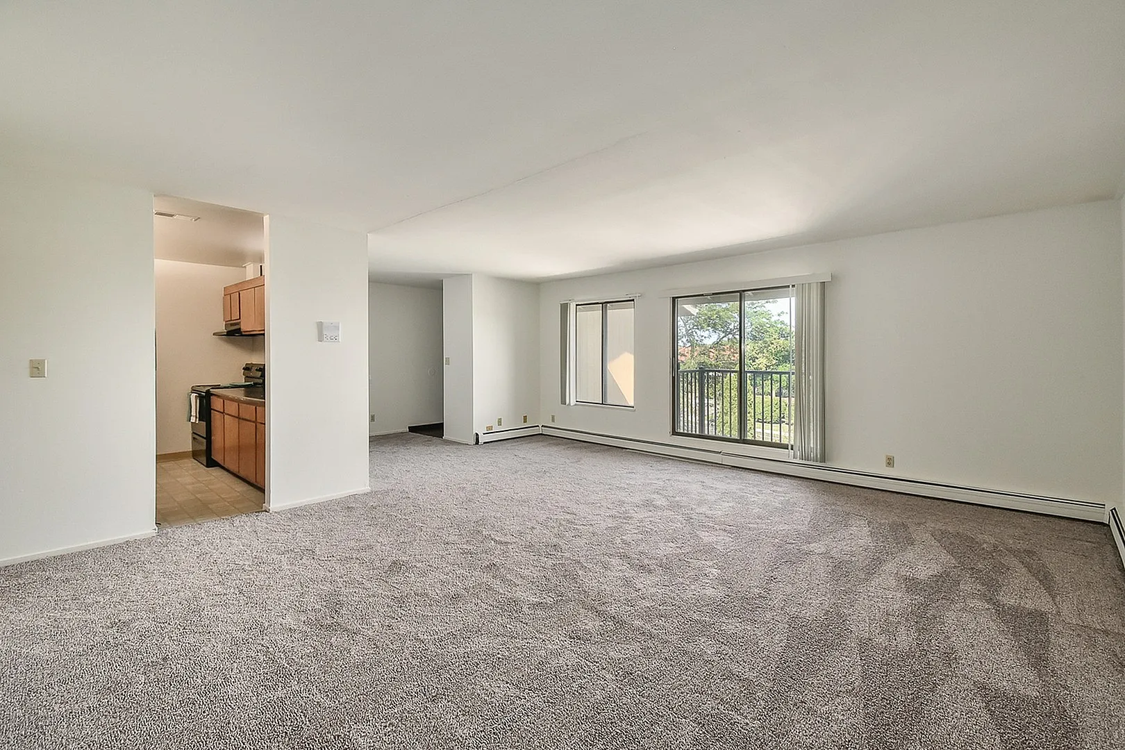Bright and spacious living room with plush carpeting and sliding glass doors leading to a balcony, featuring an adjacent kitchen with wooden cabinetry.