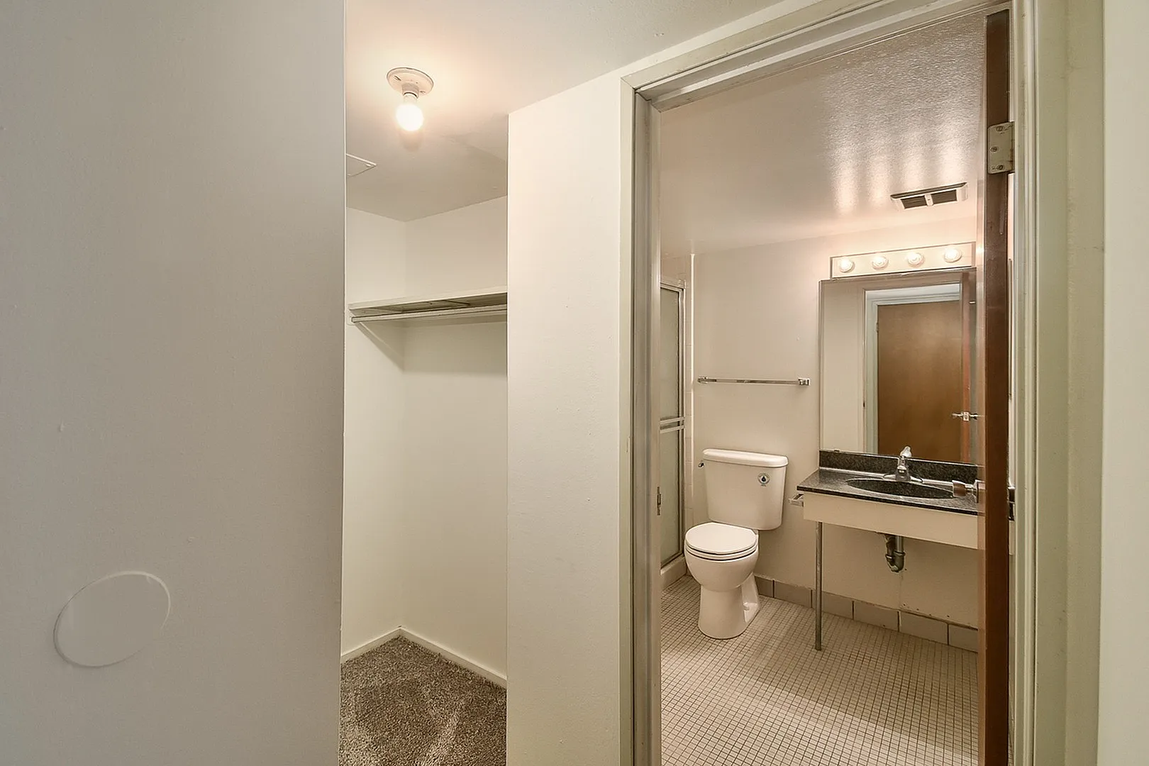 Modern bathroom with elegant fixtures and adjacent spacious walk-in closet, offering convenience and style.