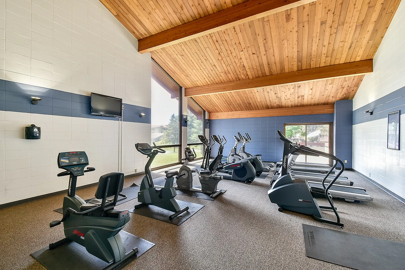 Inviting fitness center with modern cardio equipment and a scenic window view, perfect for energizing workouts.