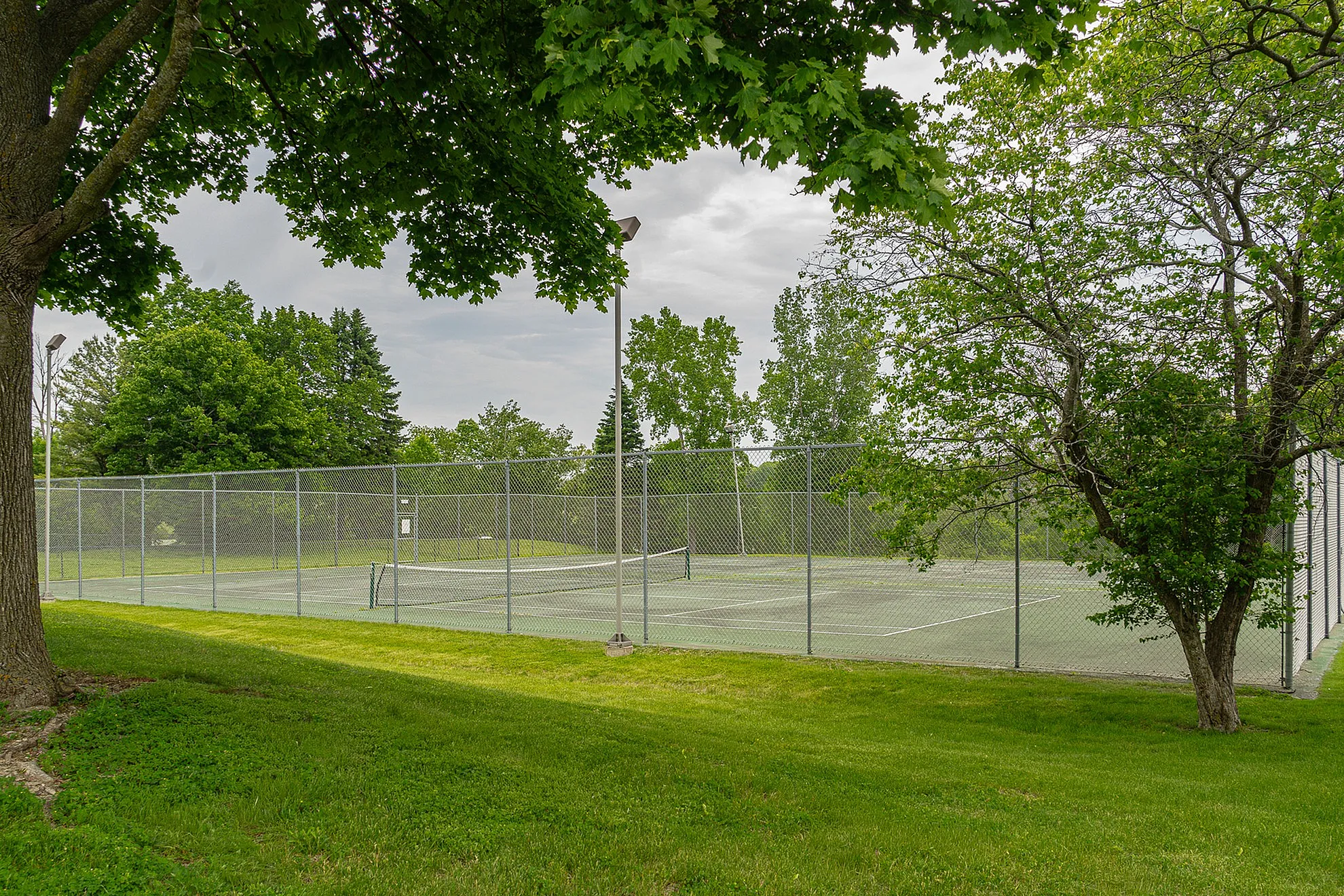 Charming outdoor tennis court surrounded by lush greenery, perfect for enjoying active lifestyles.
