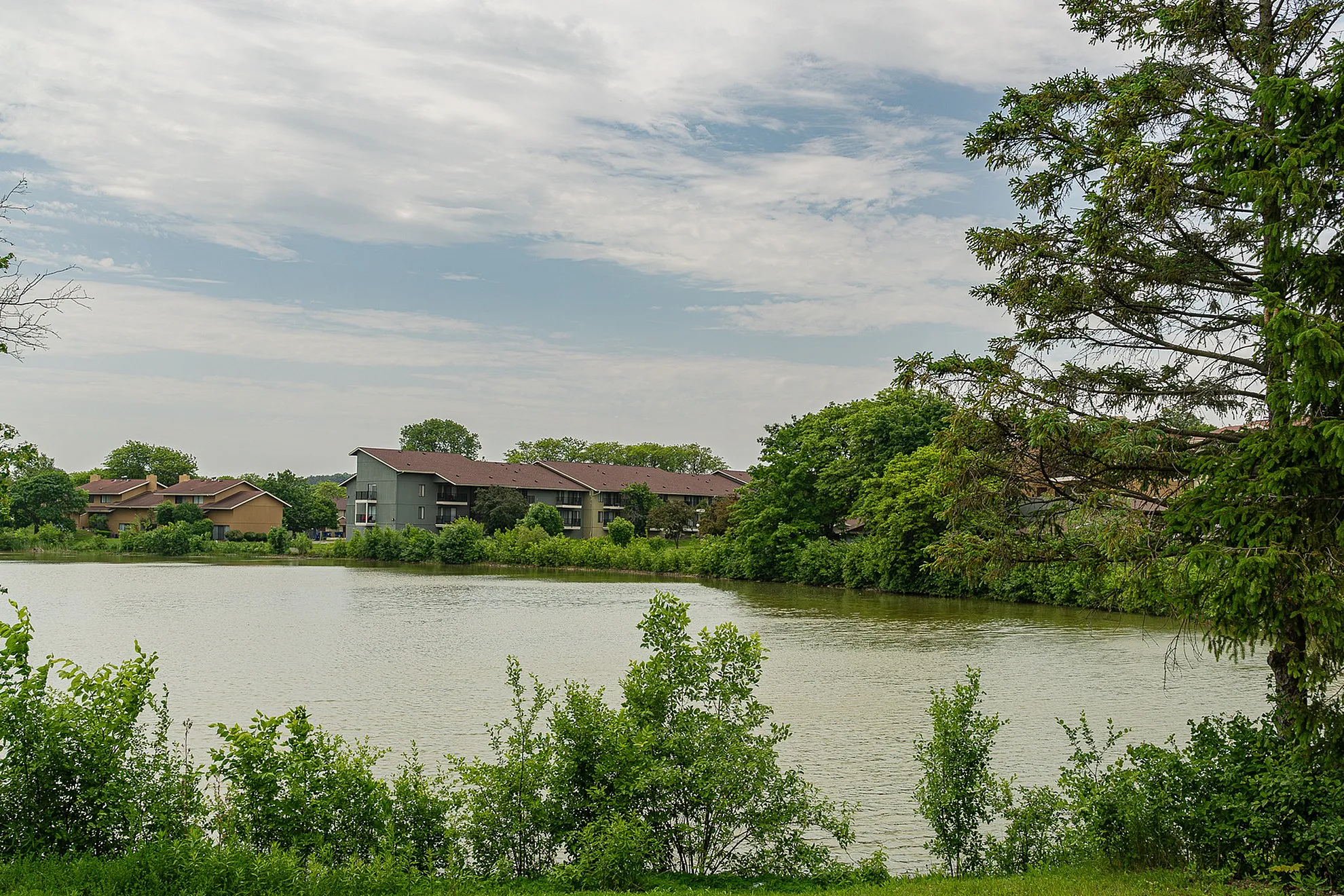 Tranquil lakeside apartment view with lush greenery and modern buildings under a serene sky.