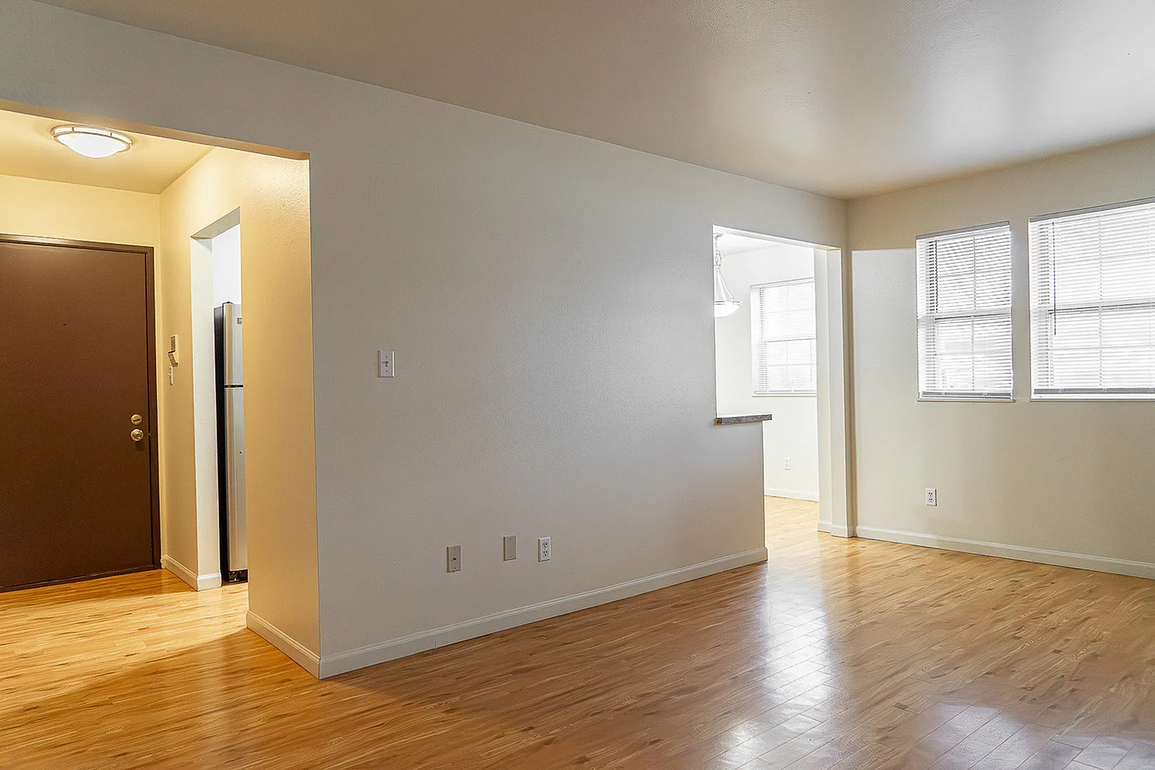 Inviting apartment entryway with warm wood floors, ample natural light, and a view into the kitchen area.