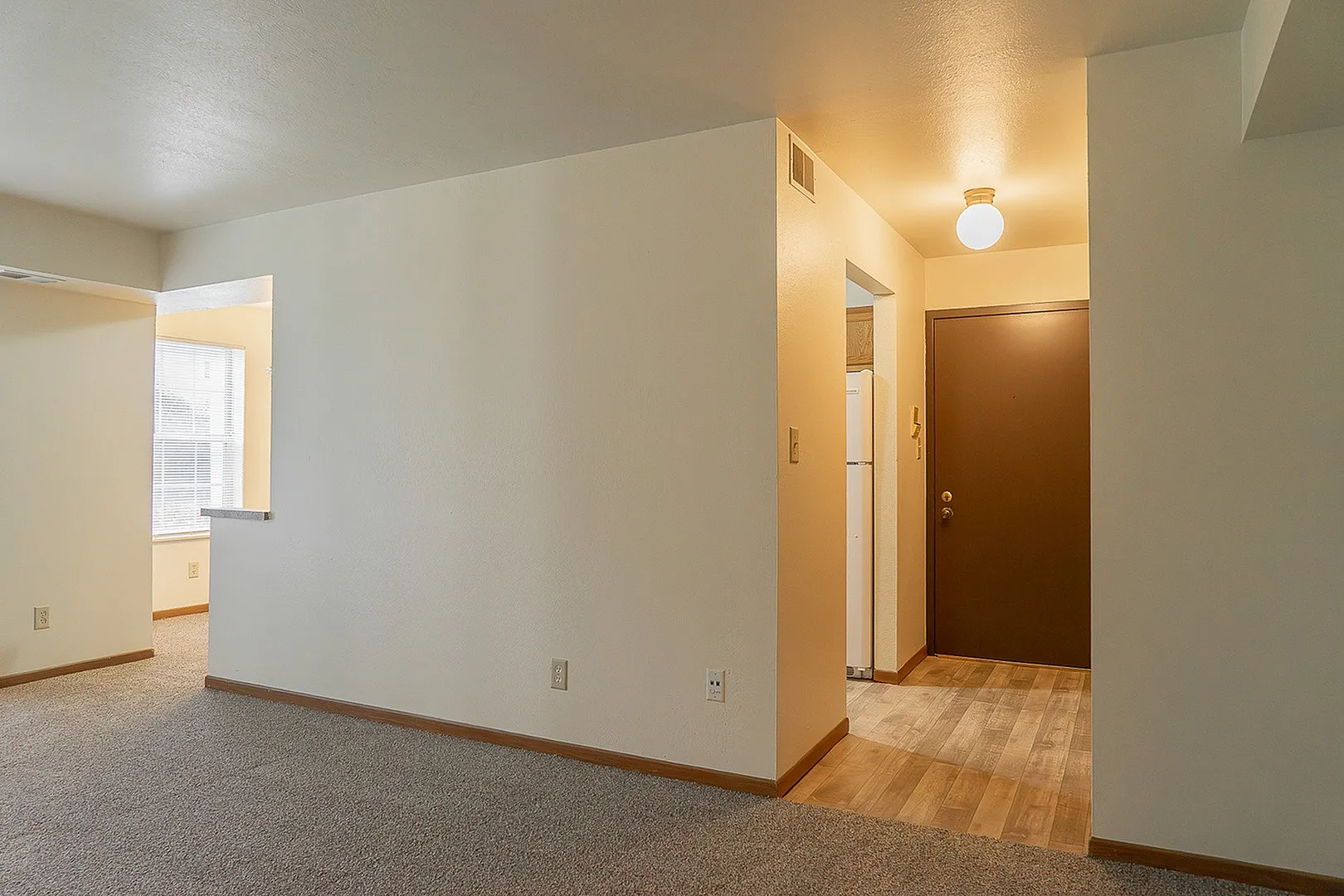 Inviting apartment entrance with plush carpeted living area and warm lighting, highlighted by a modern kitchen entryway.