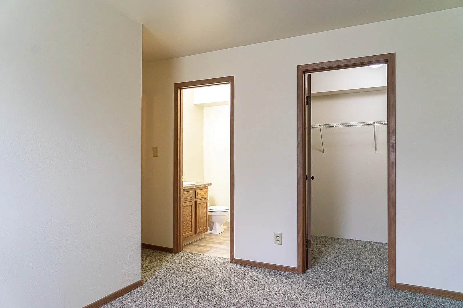 Bright apartment room featuring a spacious walk-in closet and an ensuite bathroom with modern fixtures.