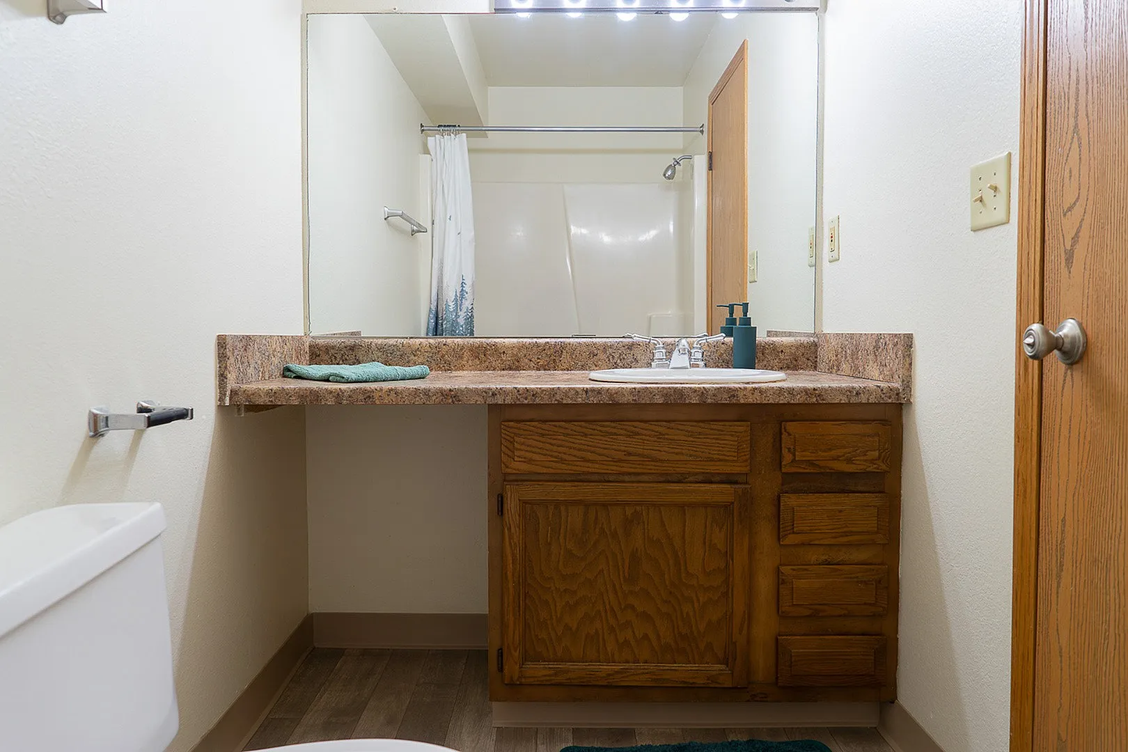 Immaculate bathroom with elegant wood cabinetry, spacious countertop, and a stylish bathtub with forest-themed curtain.