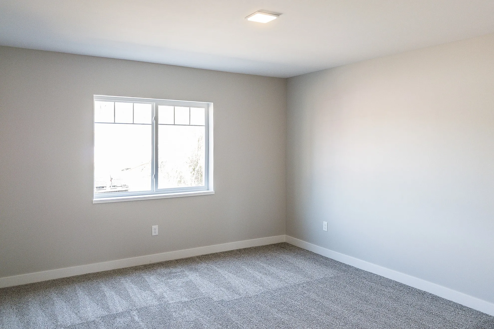 Bright and airy bedroom with a large window, fresh neutral walls, and plush carpeting, creating a serene and inviting atmosphere.
