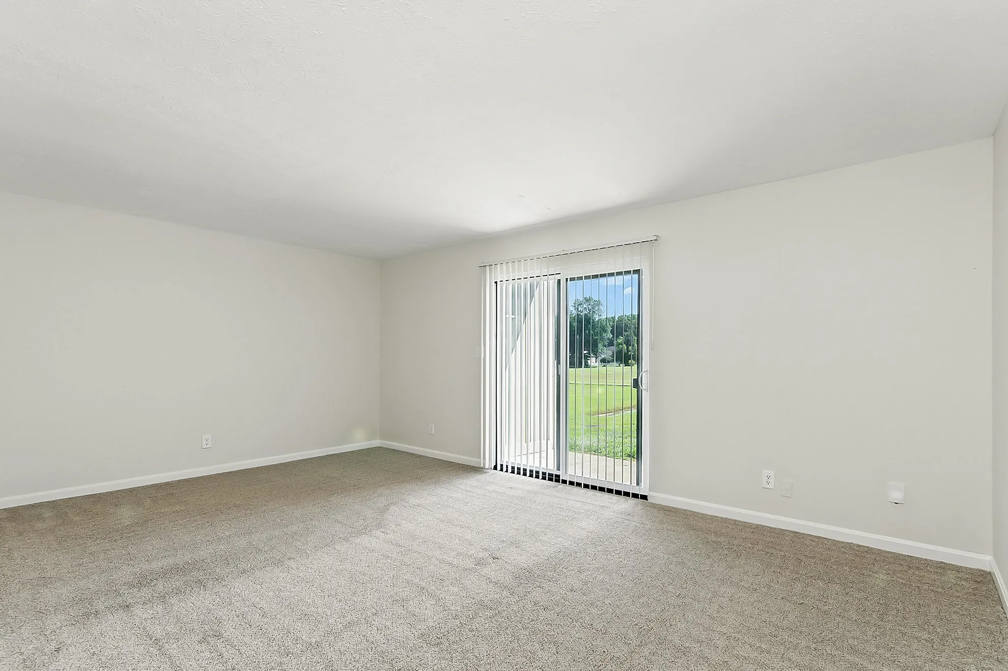 Bright and inviting living room with large windows and plush carpet, offering serene views of lush greenery through sliding glass doors.