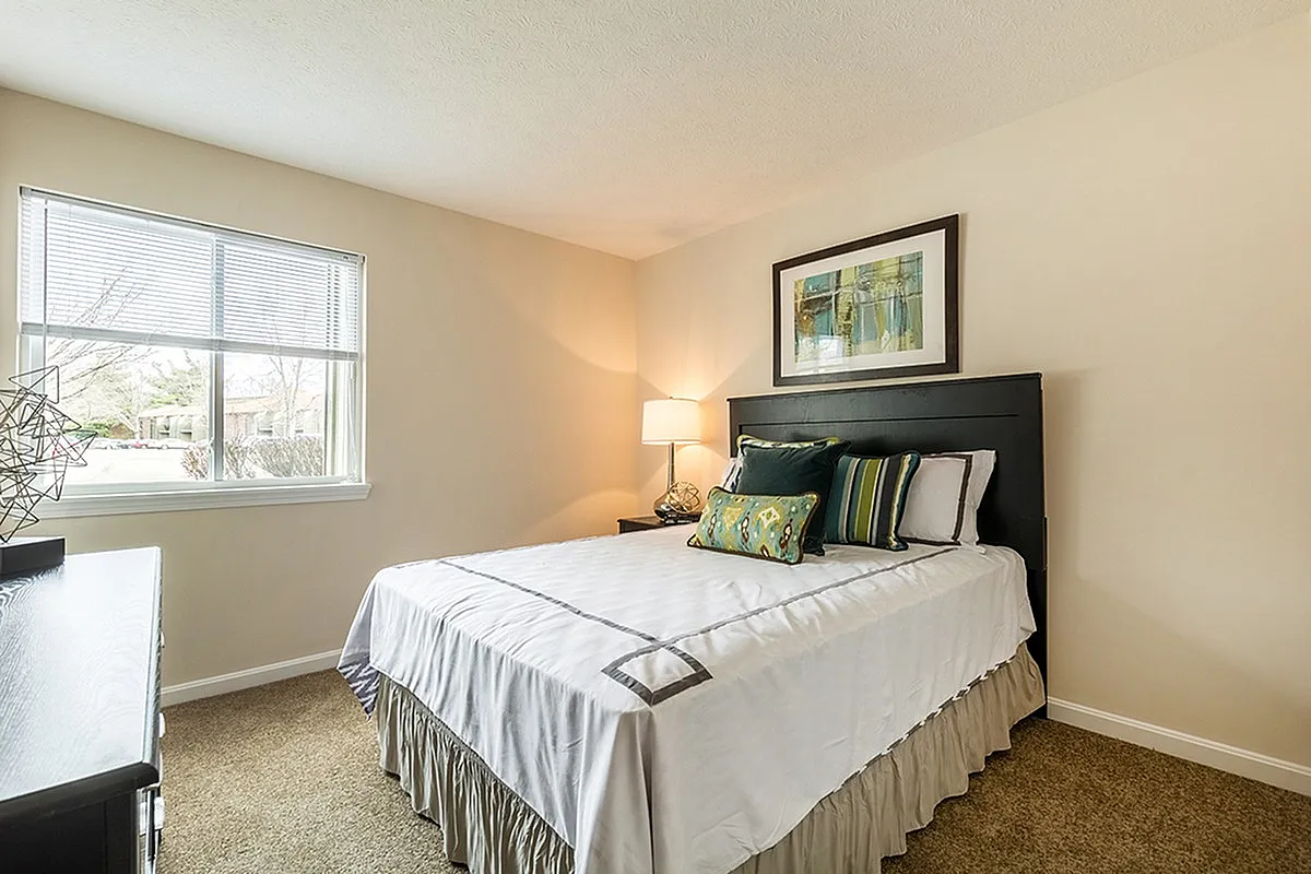 Inviting bedroom with plush carpeting, a stylish bed, and warm natural light streaming through a large window.