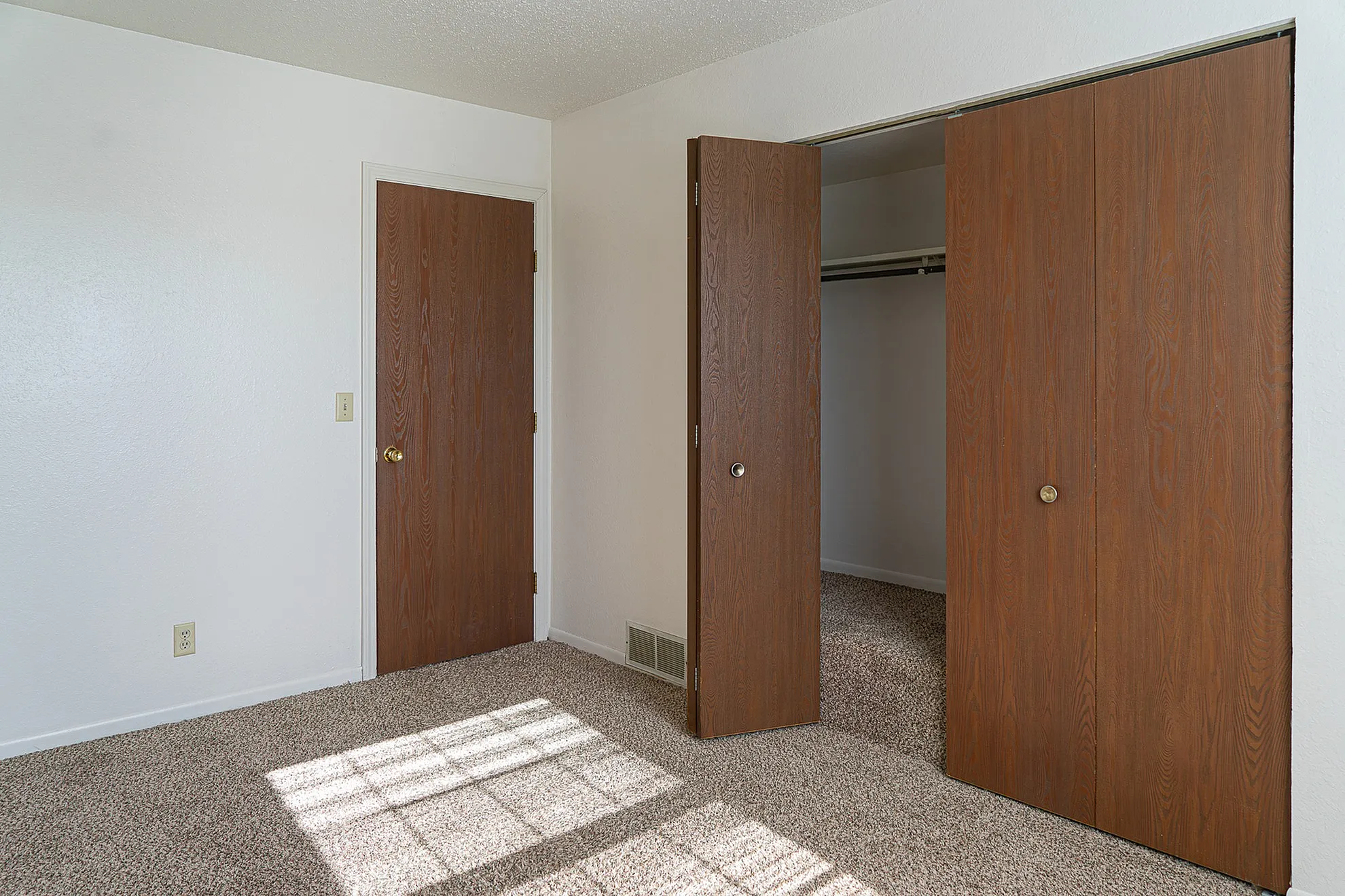 Bright room with plush carpet flooring, featuring a double-door closet and a wooden single door, perfect for storage and easy access.