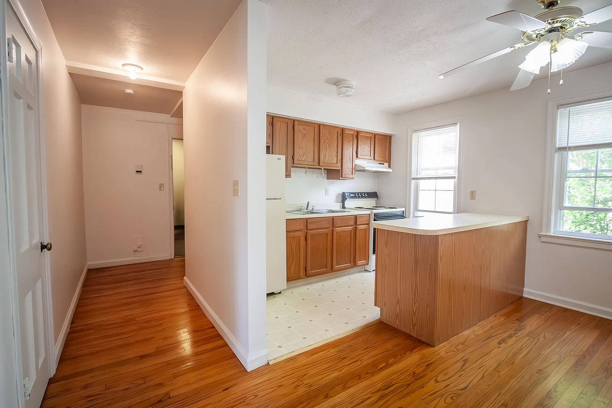Inviting apartment kitchen with warm wooden cabinetry, bright natural light, and elegant hardwood floors.