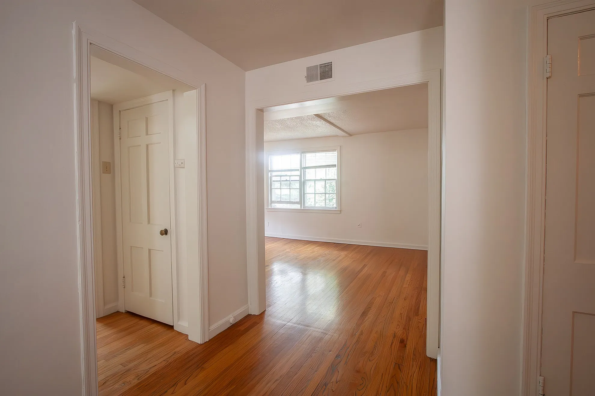 Inviting hallway in apartment with warm wooden flooring and abundant natural light.