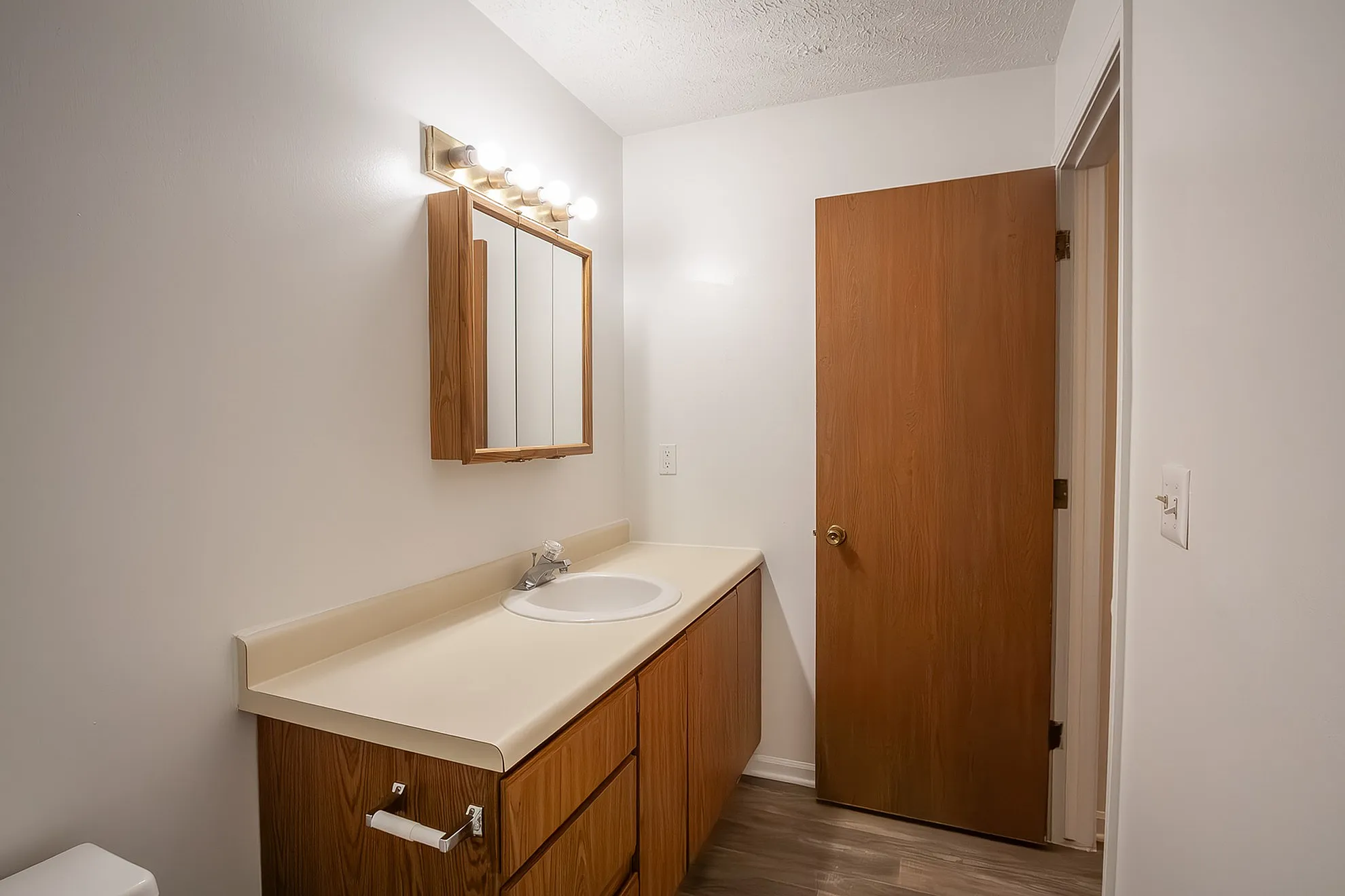 Modern bathroom featuring sleek wood cabinetry, ample countertop space, and illuminated mirror.