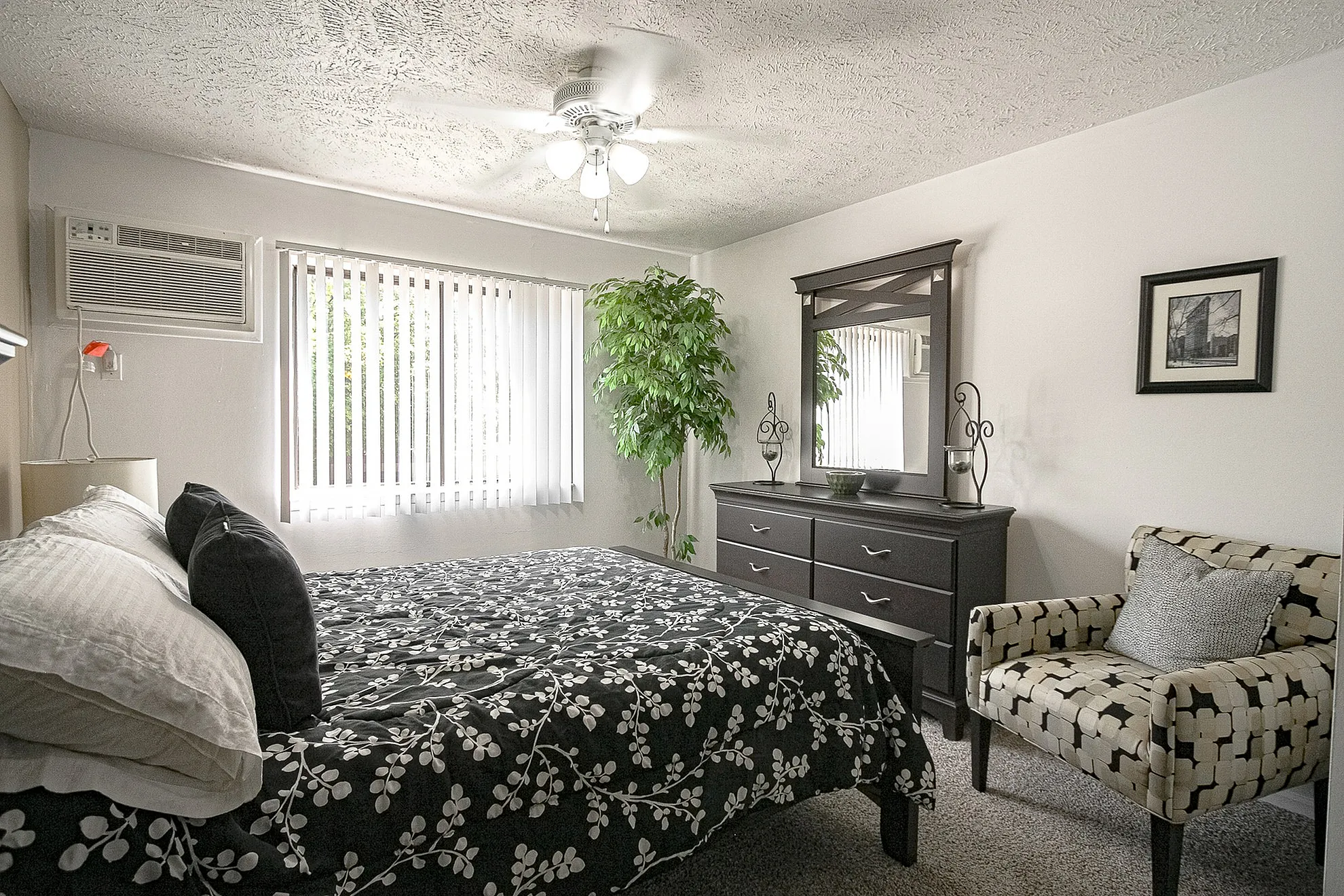 Bright and inviting bedroom featuring a modern dresser, stylish patterned armchair, and a vibrant plant beside a large sunlit window.