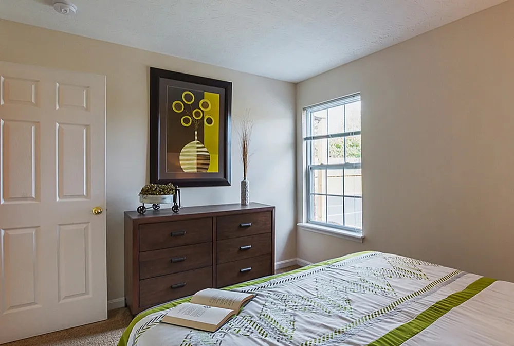 Cozy bedroom with a plush bed, natural light streaming through the window, and chic decor on a wooden dresser.