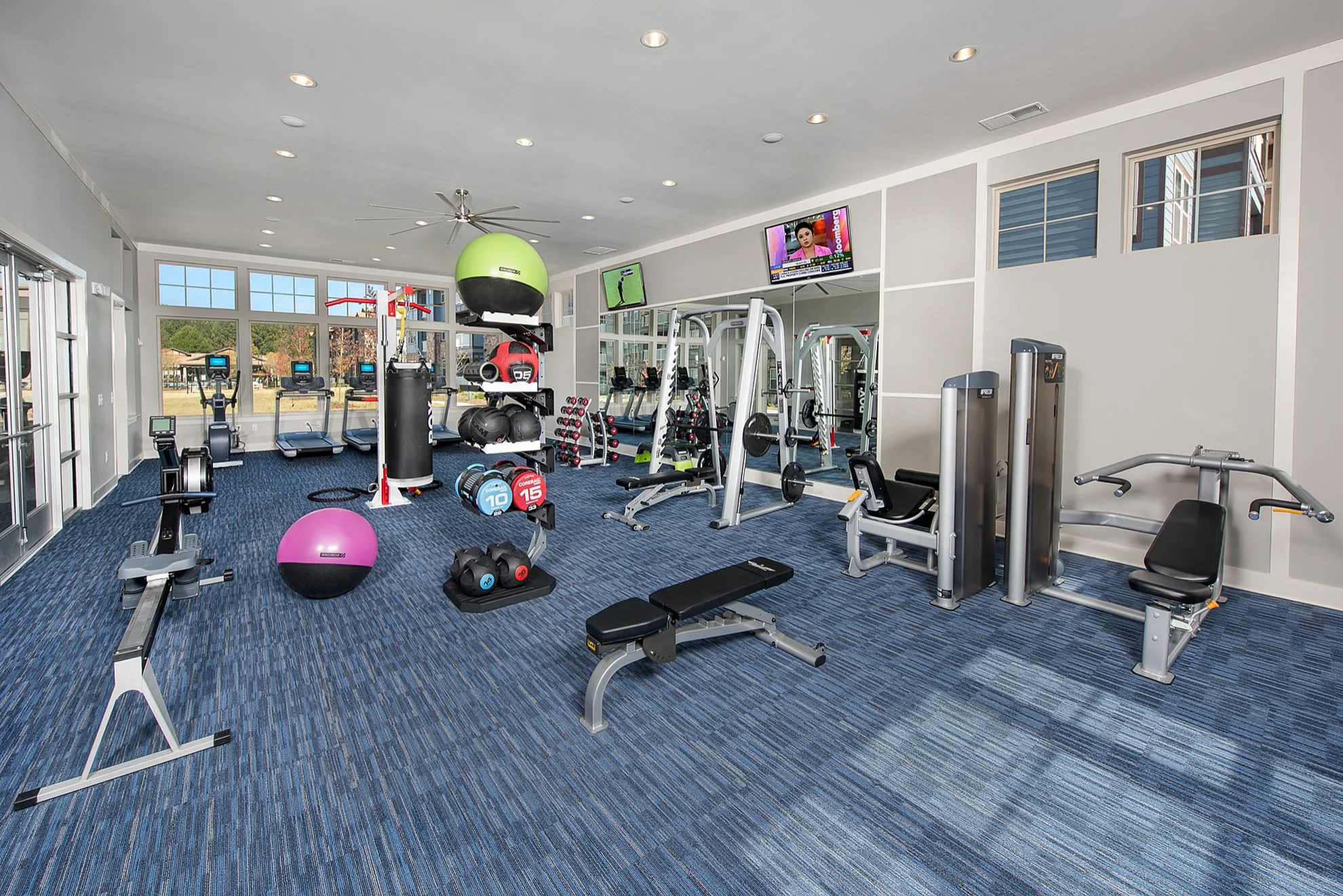 Modern fitness center featuring state-of-the-art gym equipment including treadmills, weight machines, and vibrant exercise balls, with ample natural light.
