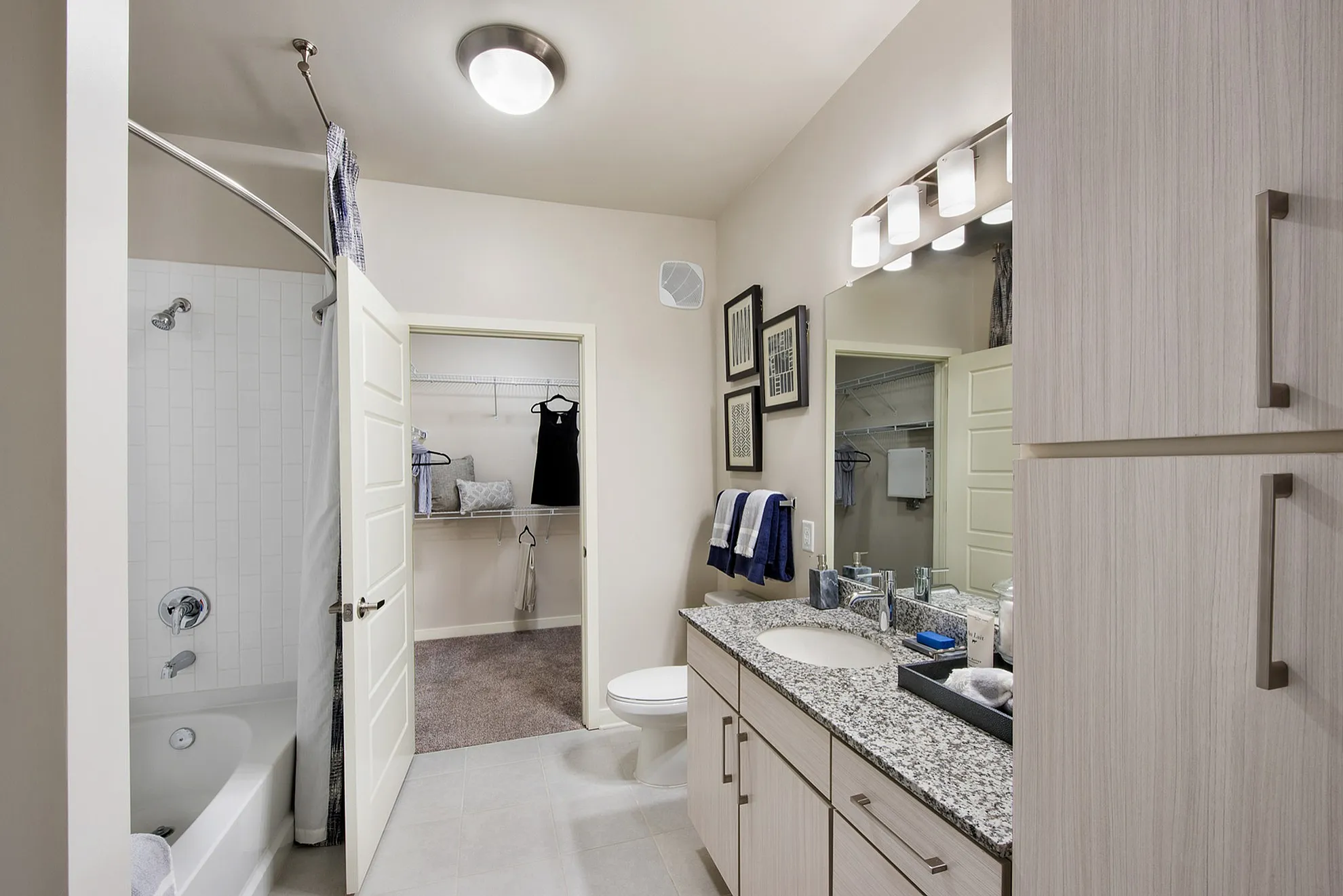 Elegant bathroom with modern fixtures, spacious countertop, and a walk-in closet, exuding contemporary charm and functionality.