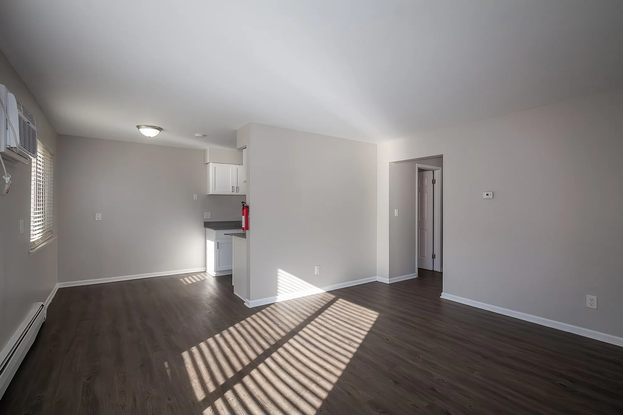 Bright and airy apartment interior with modern dark hardwood floors, featuring an open living area, compact kitchen, and ample natural light.