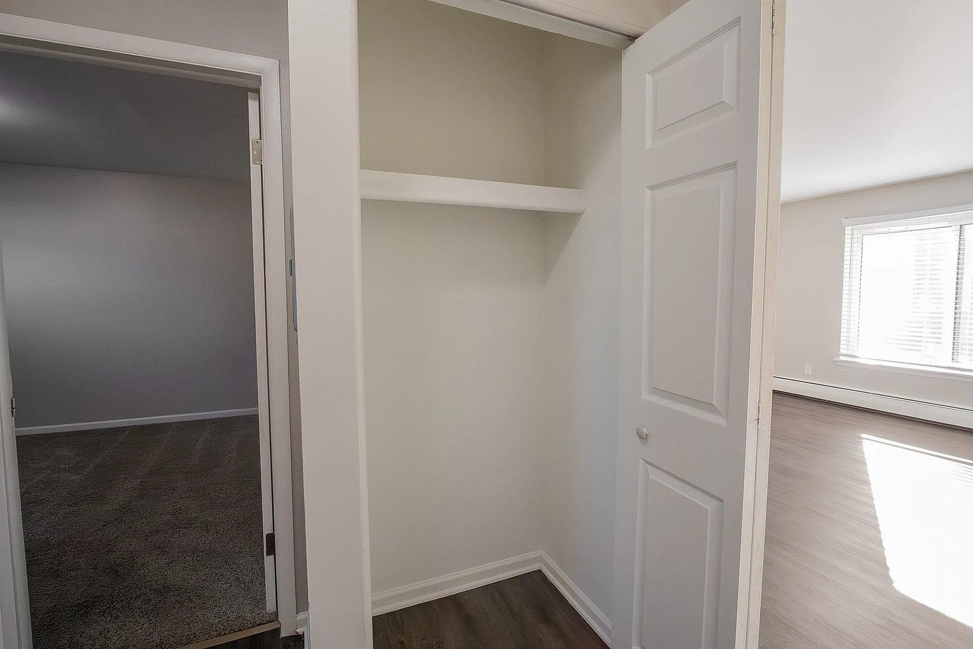 Inviting apartment with a bright, spacious closet near a sunlit living room.