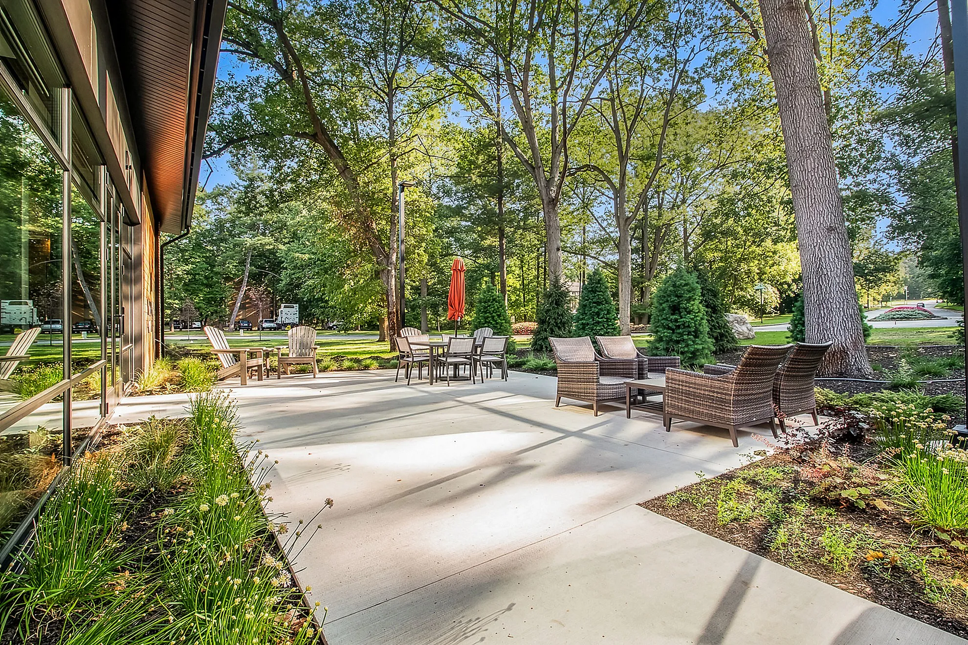 Charming outdoor patio with modern wicker seating, surrounded by lush greenery and tall trees, perfect for relaxation and entertaining.