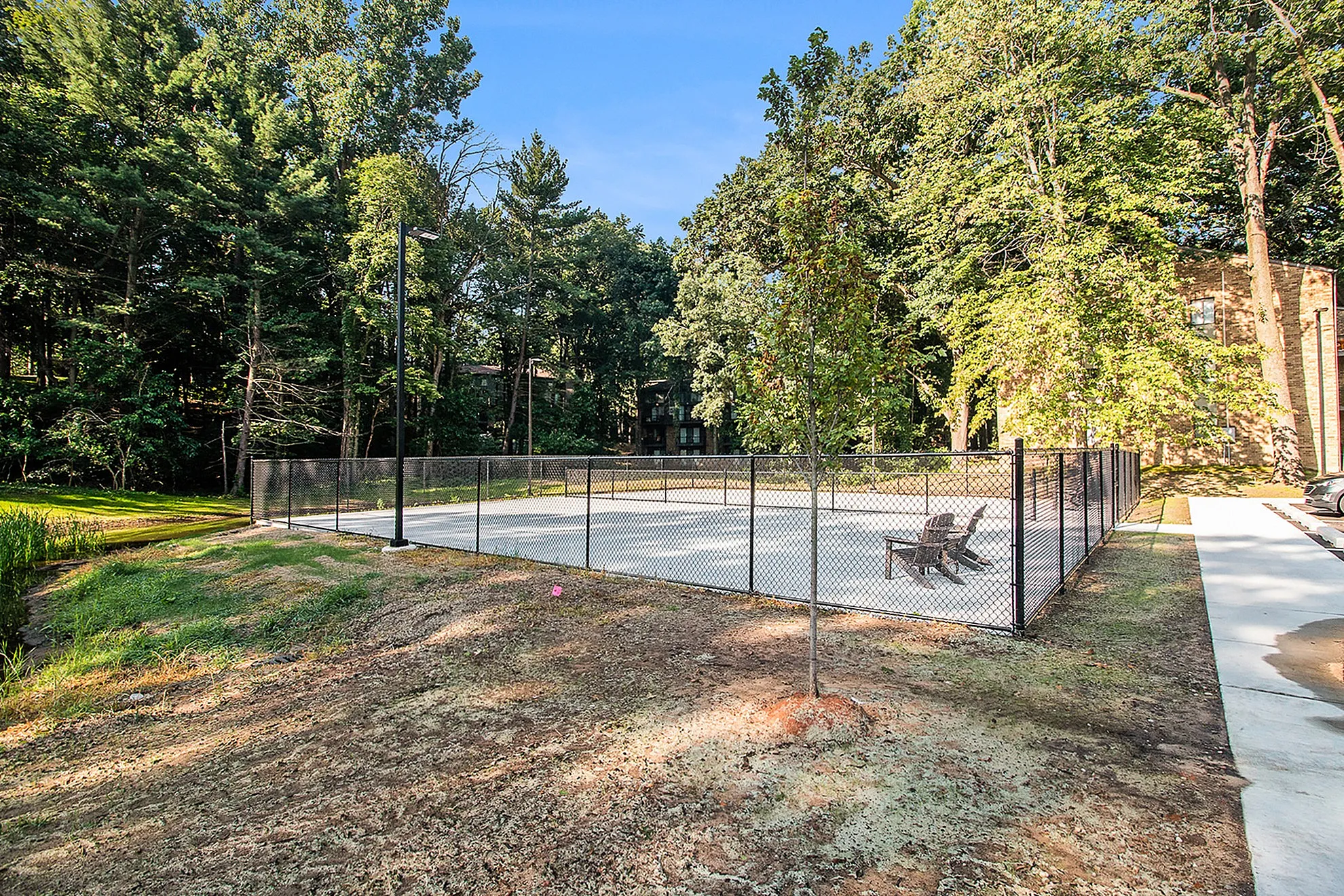 Inviting tennis court nestled among lush trees, providing a serene outdoor recreational space.