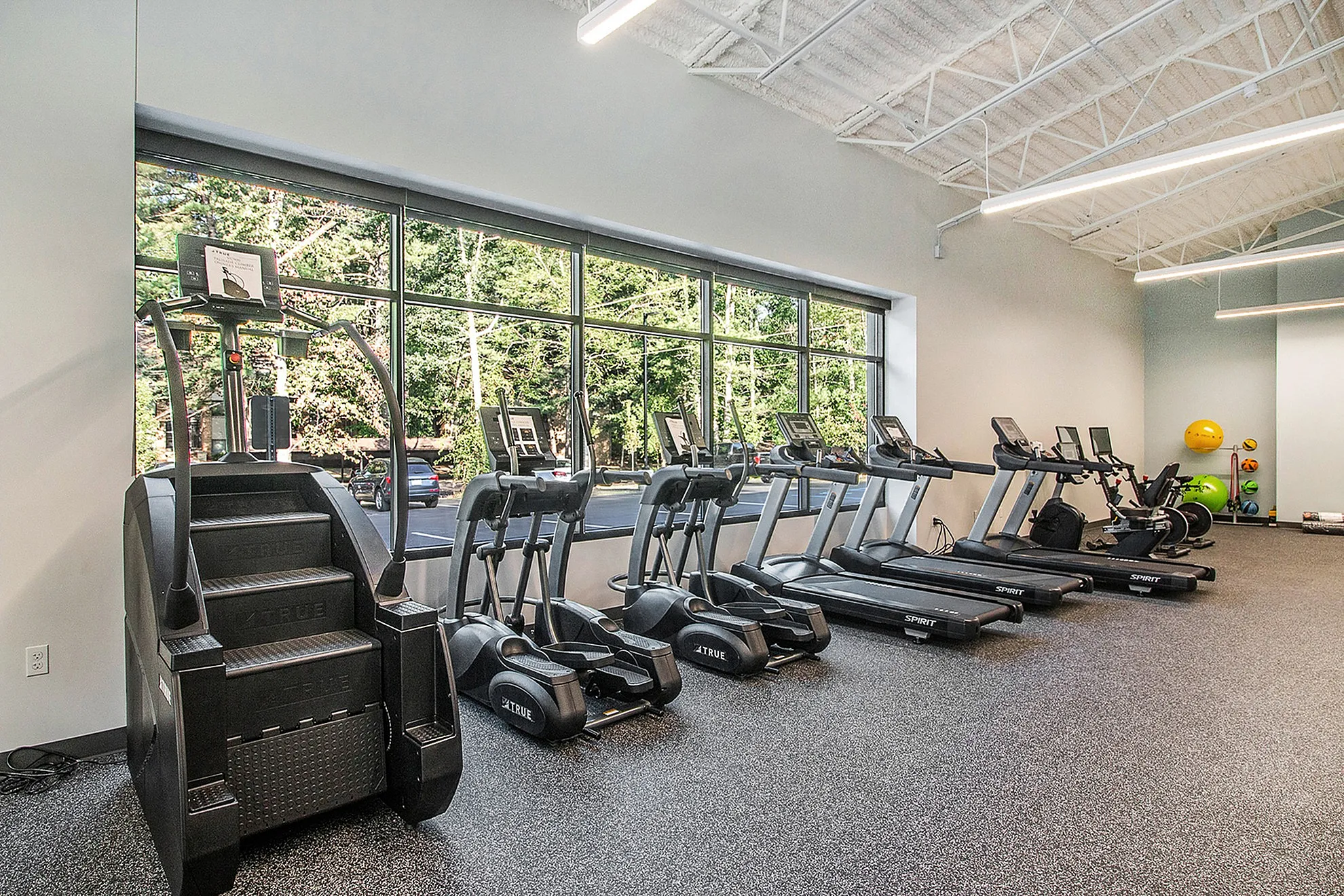 Modern gym with state-of-the-art treadmills and cardio machines, featuring large windows for natural light and scenic views.