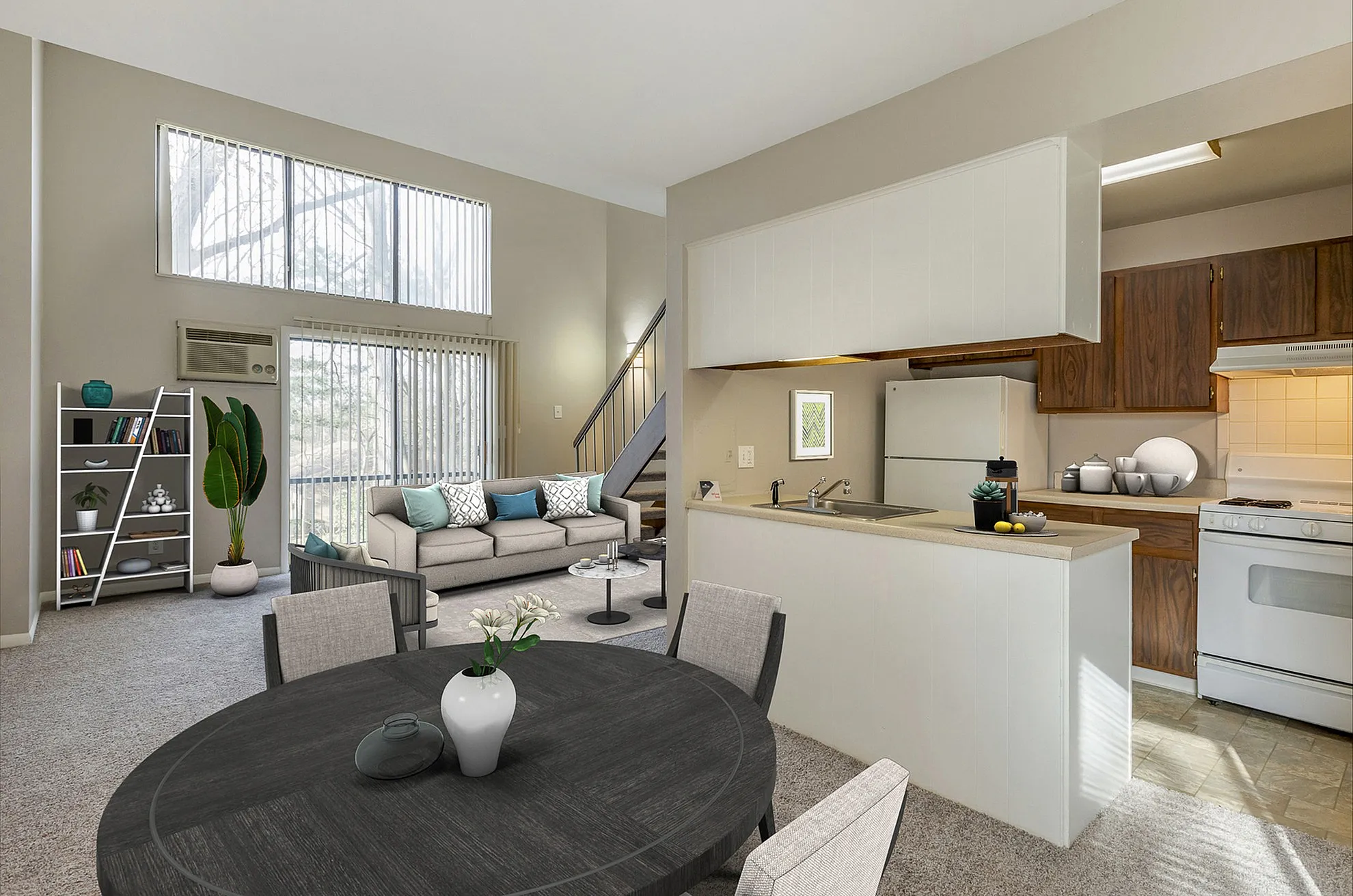 Bright and airy open-concept apartment featuring a modern kitchen, cozy living area, and stylish dining space with large windows offering natural light.