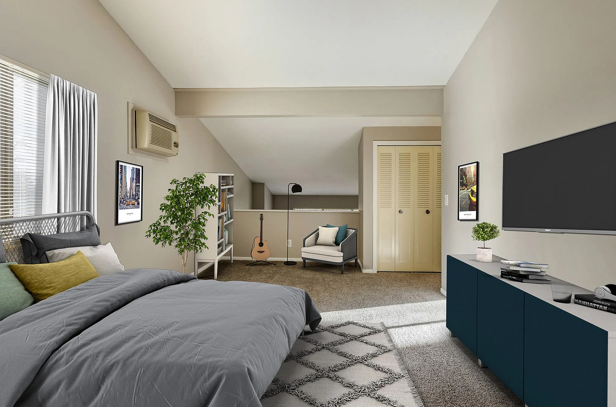 Modern and cozy bedroom with stylish decor, featuring a comfortable bed, sleek TV, lush plant, and natural light creating an inviting atmosphere.