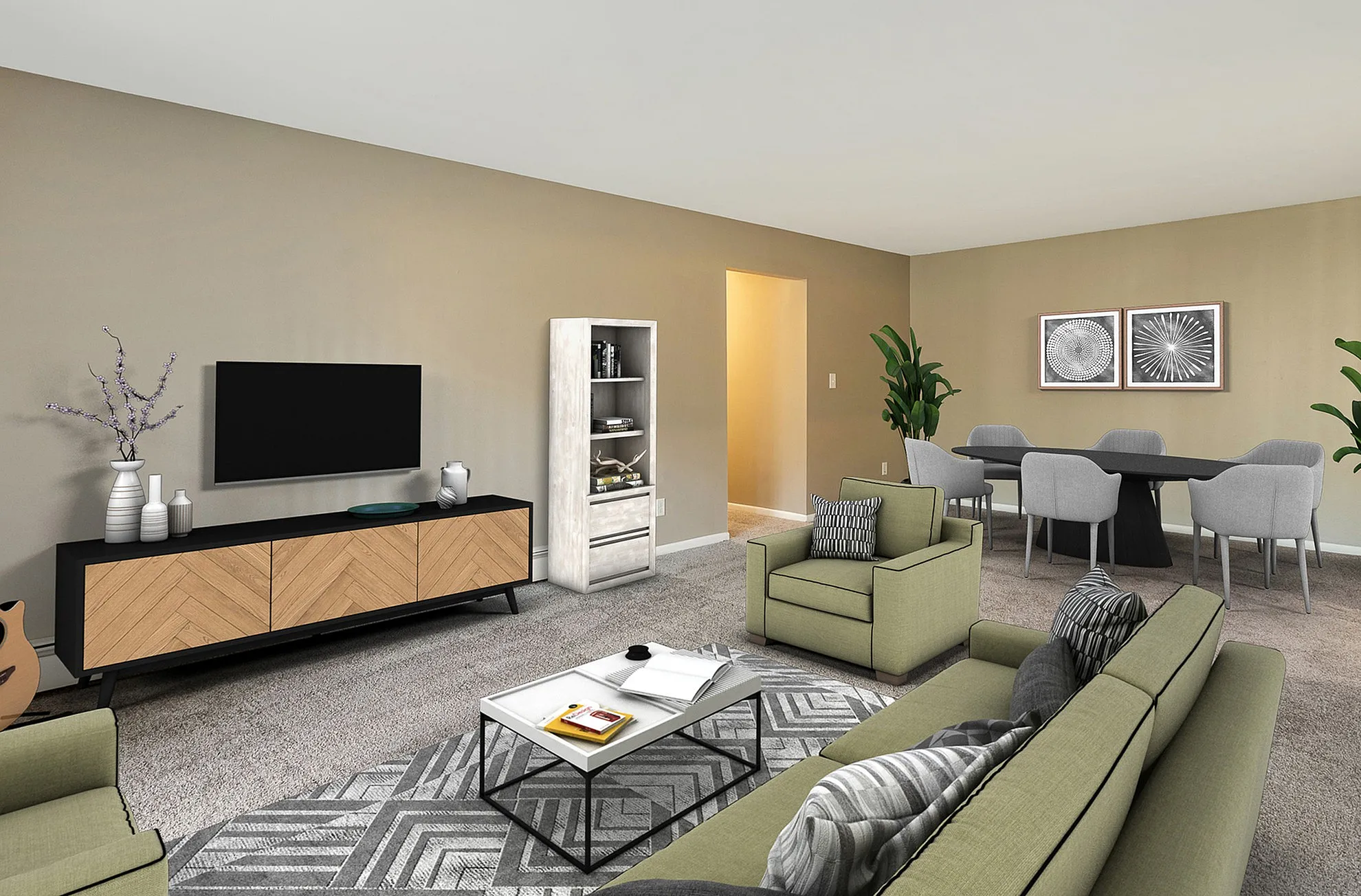 Modern living and dining area featuring plush green sofas, elegant decor, and a sleek entertainment unit, perfect for stylish gatherings.