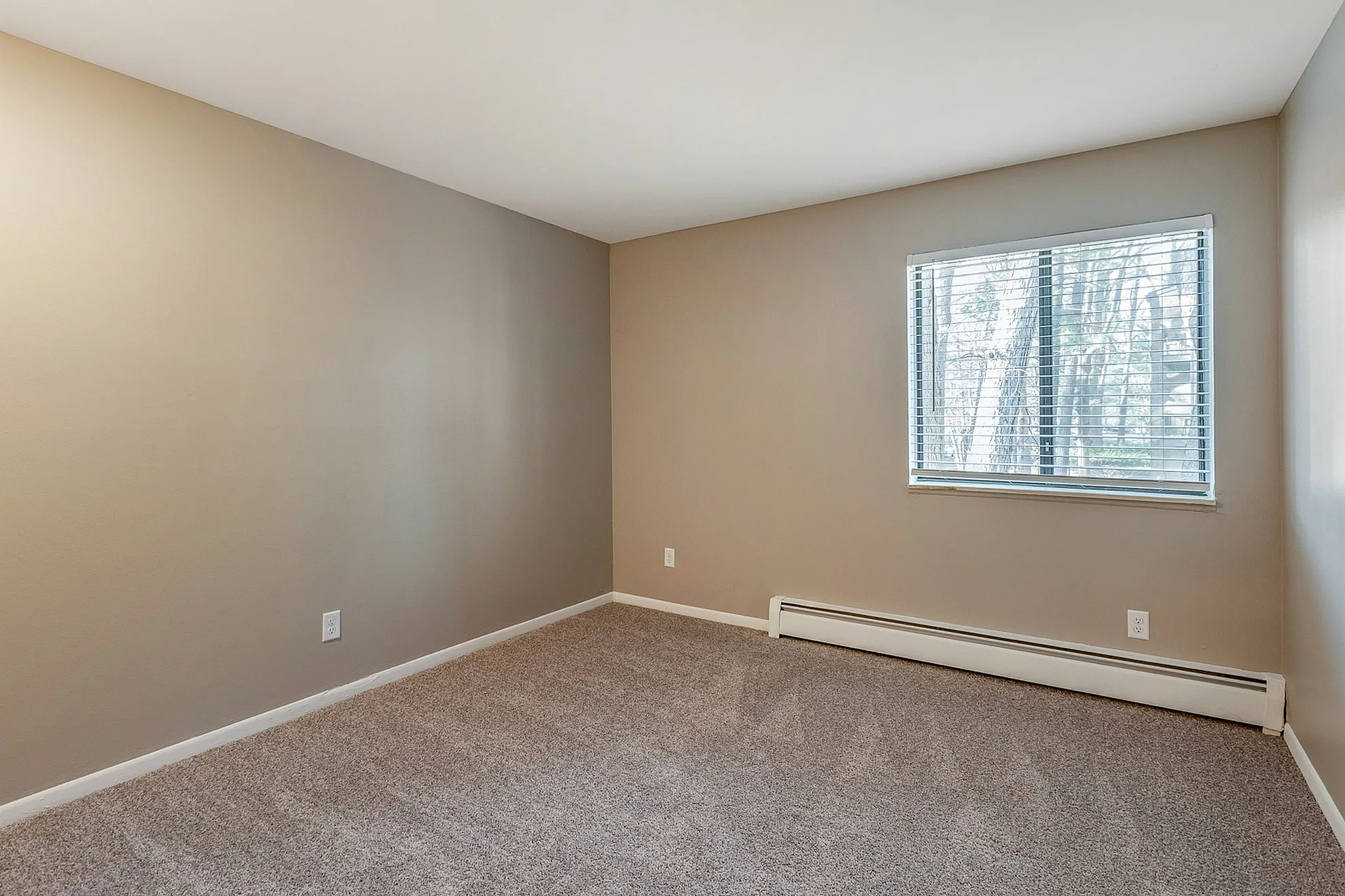 Bright and inviting room with large window, fresh carpet, and neutral walls, perfect for customization.